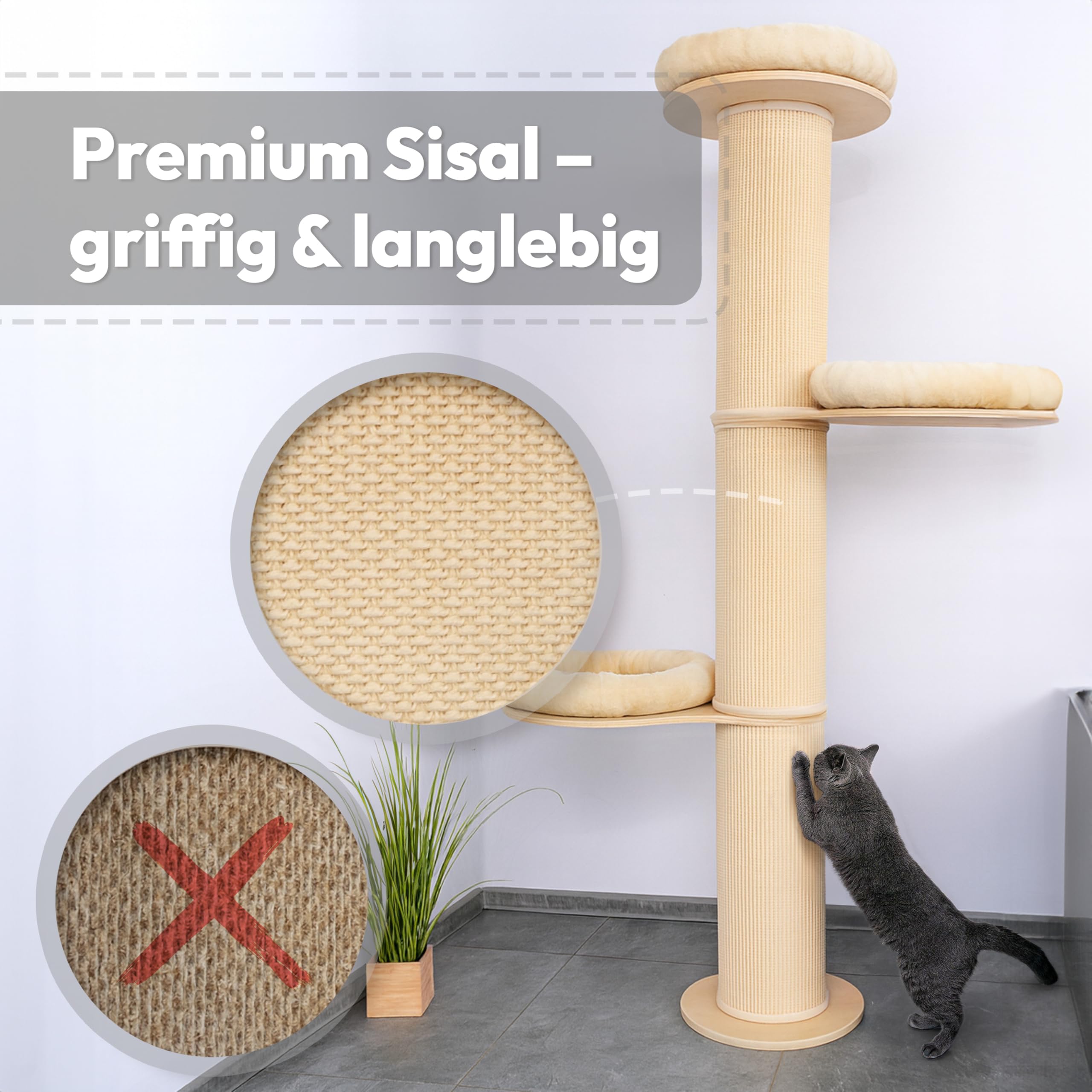 Kratzbaum wandmontiert 185 cm hoch, XXL Katzenbaum Premium Sisal Säulen, 3 Plattformen Kissen abnehmbar & waschbar I Stabiler & Platzsparender Katzenkratzbaum, Grau