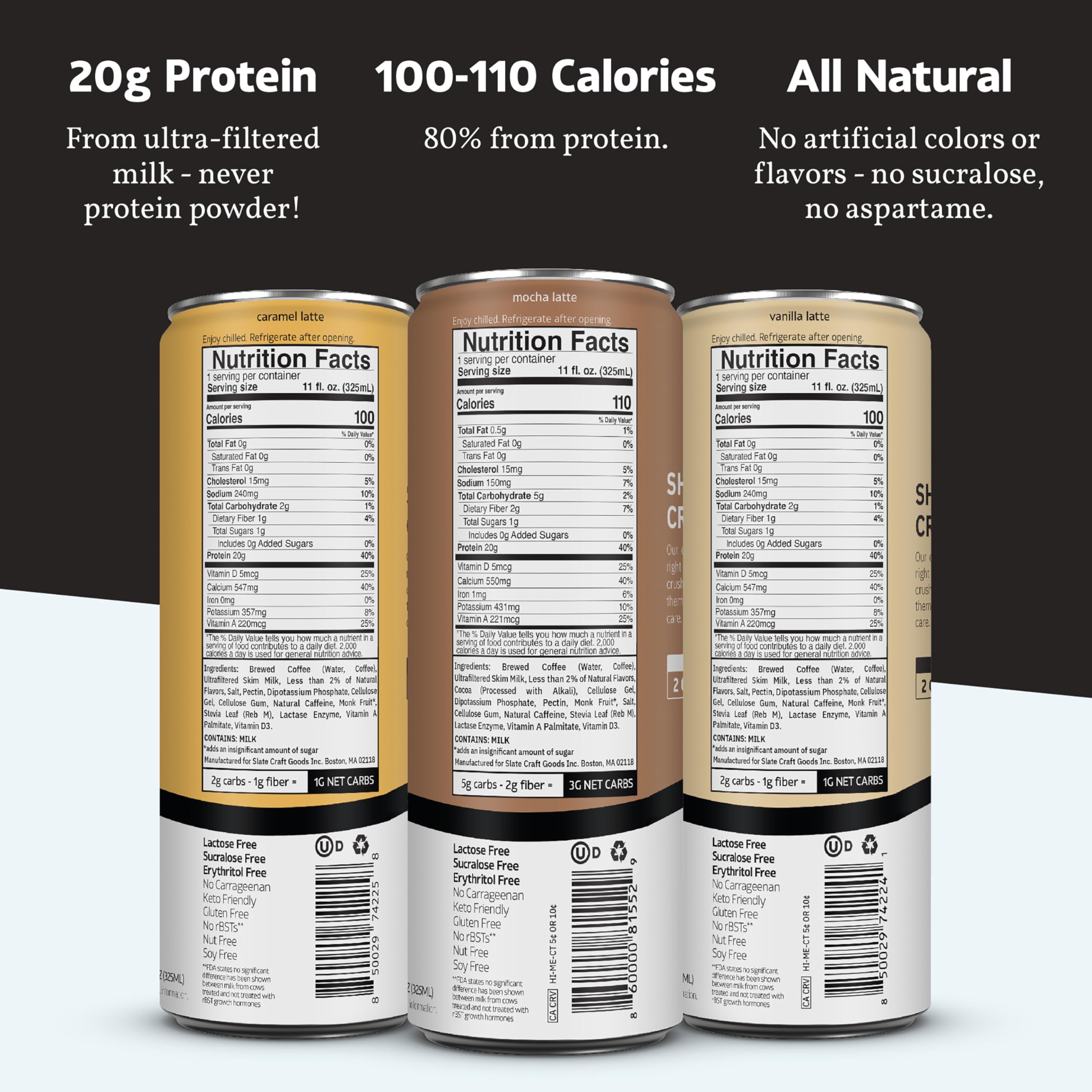 Slate Milk - High Protein Milkshake - French Vanilla - Lactose-Free, 20g Protein, 1g Sugar, 100 Calories, 1g Net Carbs, No Added Sugar - Natural, Breakfast Boost, Post Workout - 11 fl oz, 12 Cans