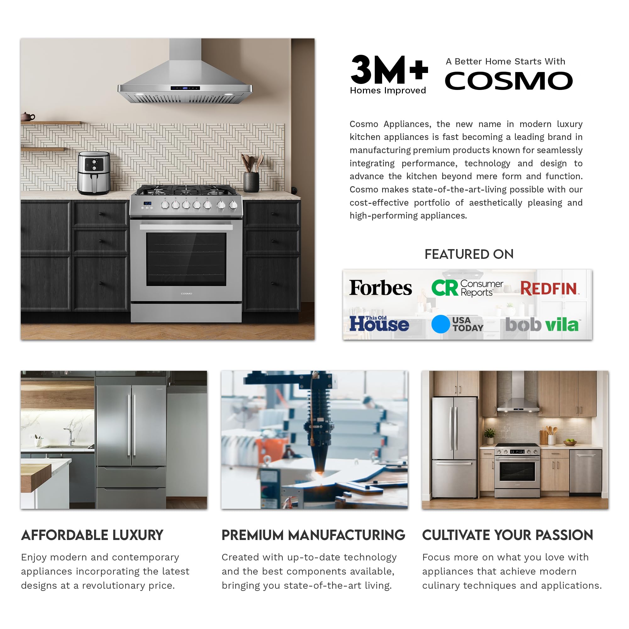 COSMO COS-668AS750 30 in. Vista Collection 380 CFM Ducted Wall Mount Range Hood, Touch Controls, LED Lights, Stainless Steel