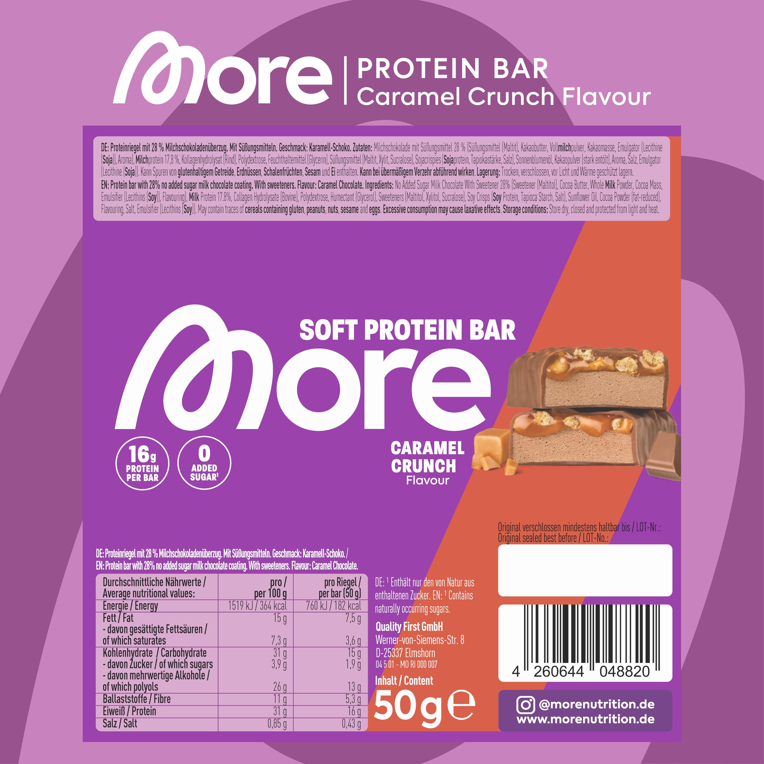 MORE Protein Bar, 10er Box, White Chocolate Peanut Caramel, Protein Riegel ohne Zuckerzusatz (Design kann variieren)