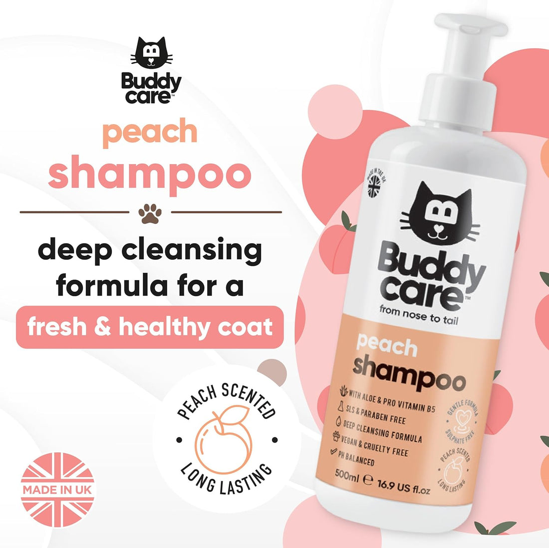 Buddycare Katzenshampoo für Katzen 500 ml Katzenshampoo mit Pfirsichduft zur Reinigung und zum Waschen