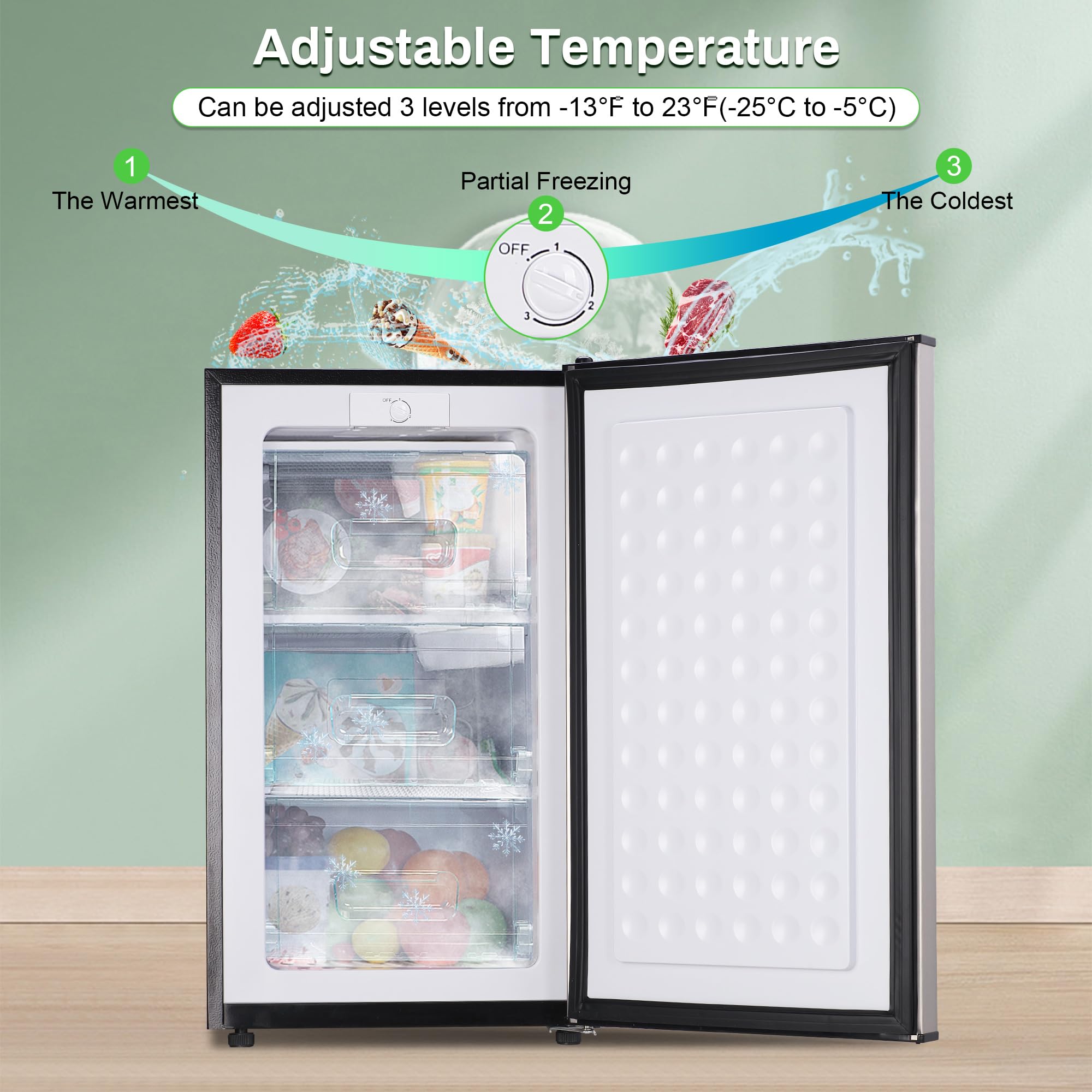 Mini Upright freezer 3.6 Cubic Feet Mini Freezer, Single Door Compact Freezer with Reversible Stainless Steel Door, 3-Speed Temperature Adjustment Small freezer for Home, Glossy Silver