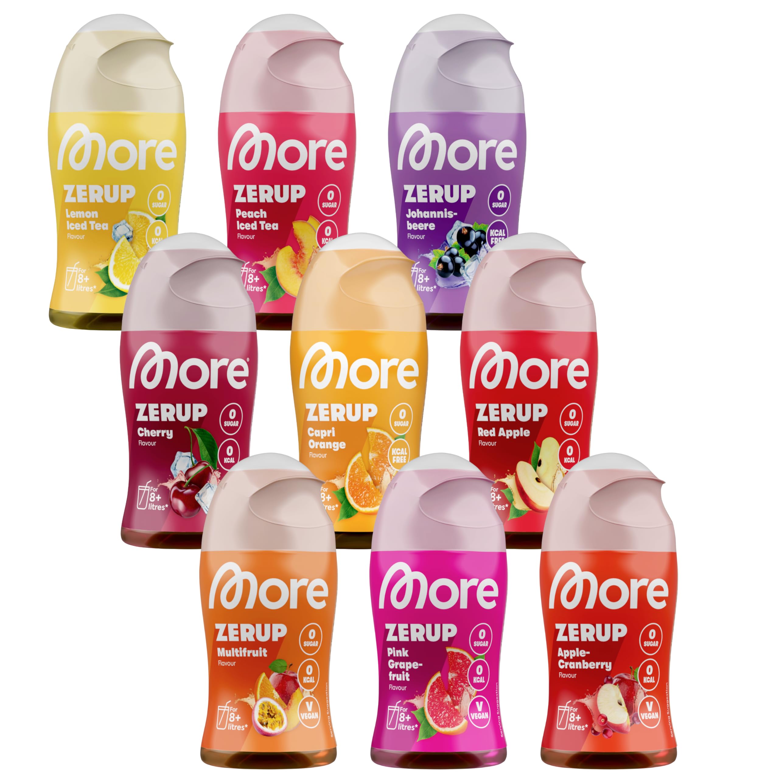 MORE Zerup, mixed 6er Bundle, 6 x 65 ml, verschiedene Sorten, für bis zu 48 l Fertiggetränk, zuckerfreier Sirup mit u.a. echten Fruchtextrakten, vegan, zero Kalorien - made in Germany