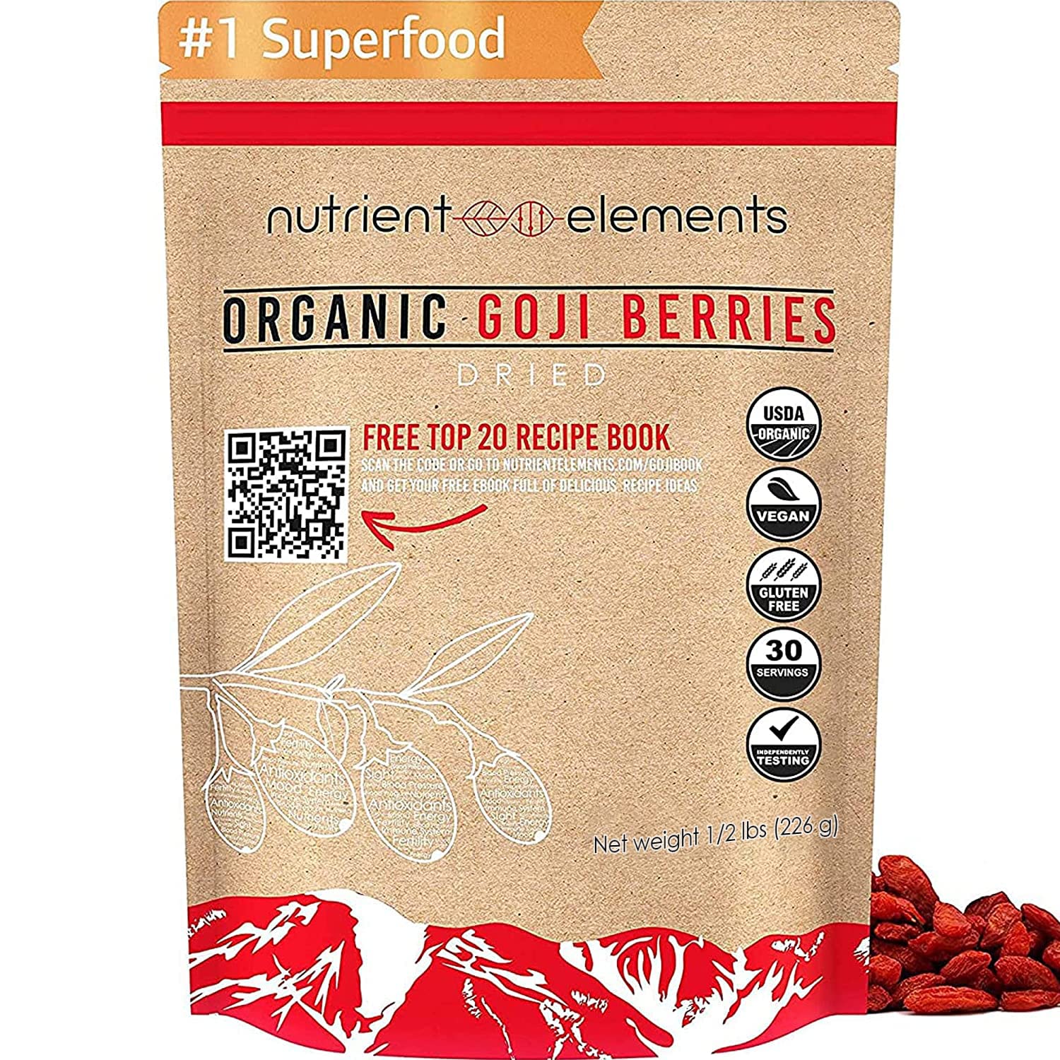 Nutrient Elements Goji Berries – 2 lb/32 oz – USDA Organic, Raw, Sun-Dried, Hand-Picked – Extra Large Dried Berries – Resealable Bag – Naturally Grown, No Additives