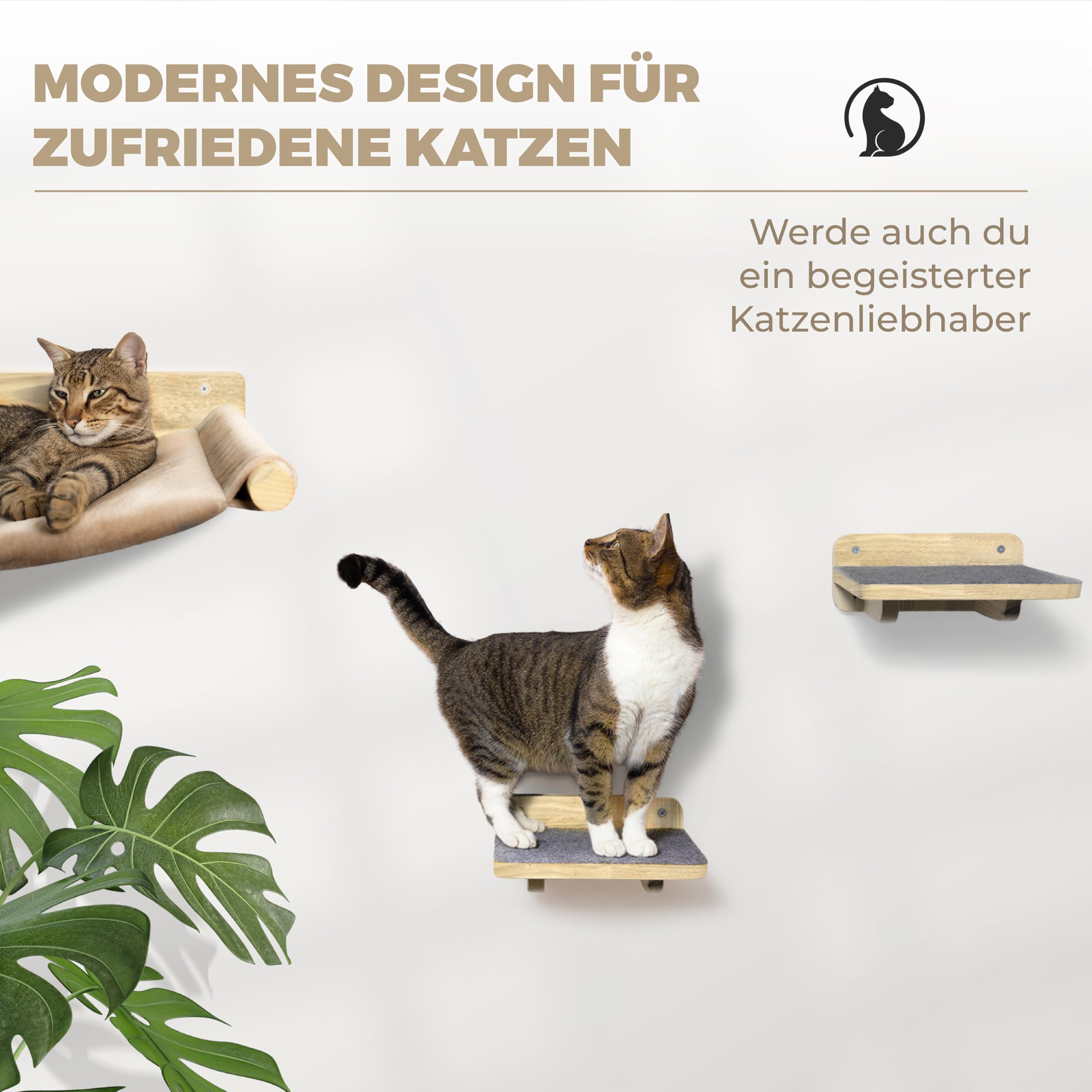 WOOWOOD® 2X Kletterwand Katzen - 3X Katzentreppe Wand- Kratzbaum Wand - Hängematte Katze - Wandkratzbaum - Katzenmöbel - Katzenwand - Katzen Kletterwand Set - Naturhell