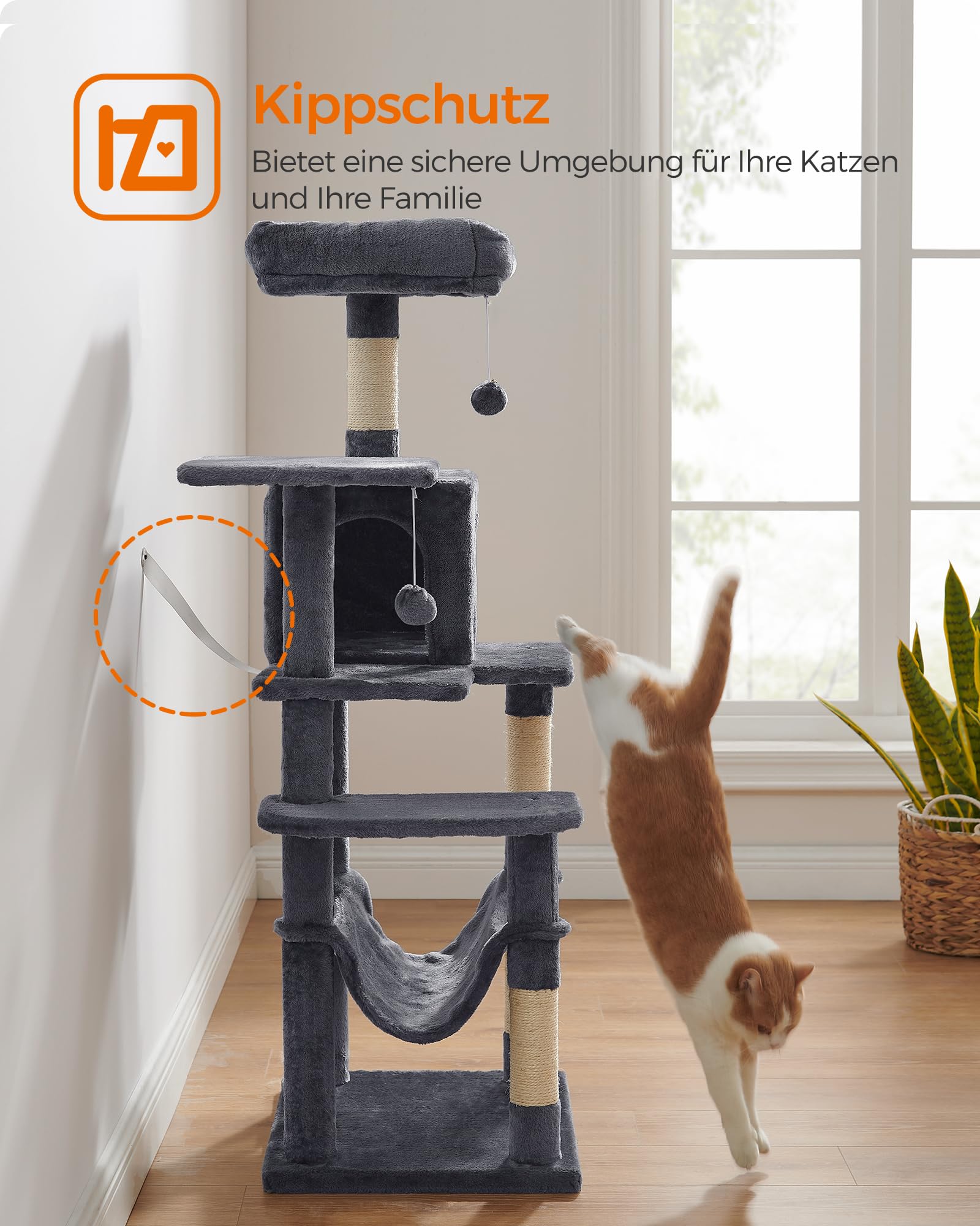 Feandrea Kratzbaum, 143 cm hoch, Katzenbaum, mehrstöckiges Katzenhaus, mit 4 Kratzsäulen, 2 Plattformen, Hängematte, Höhle, hellgrau PCT161W01