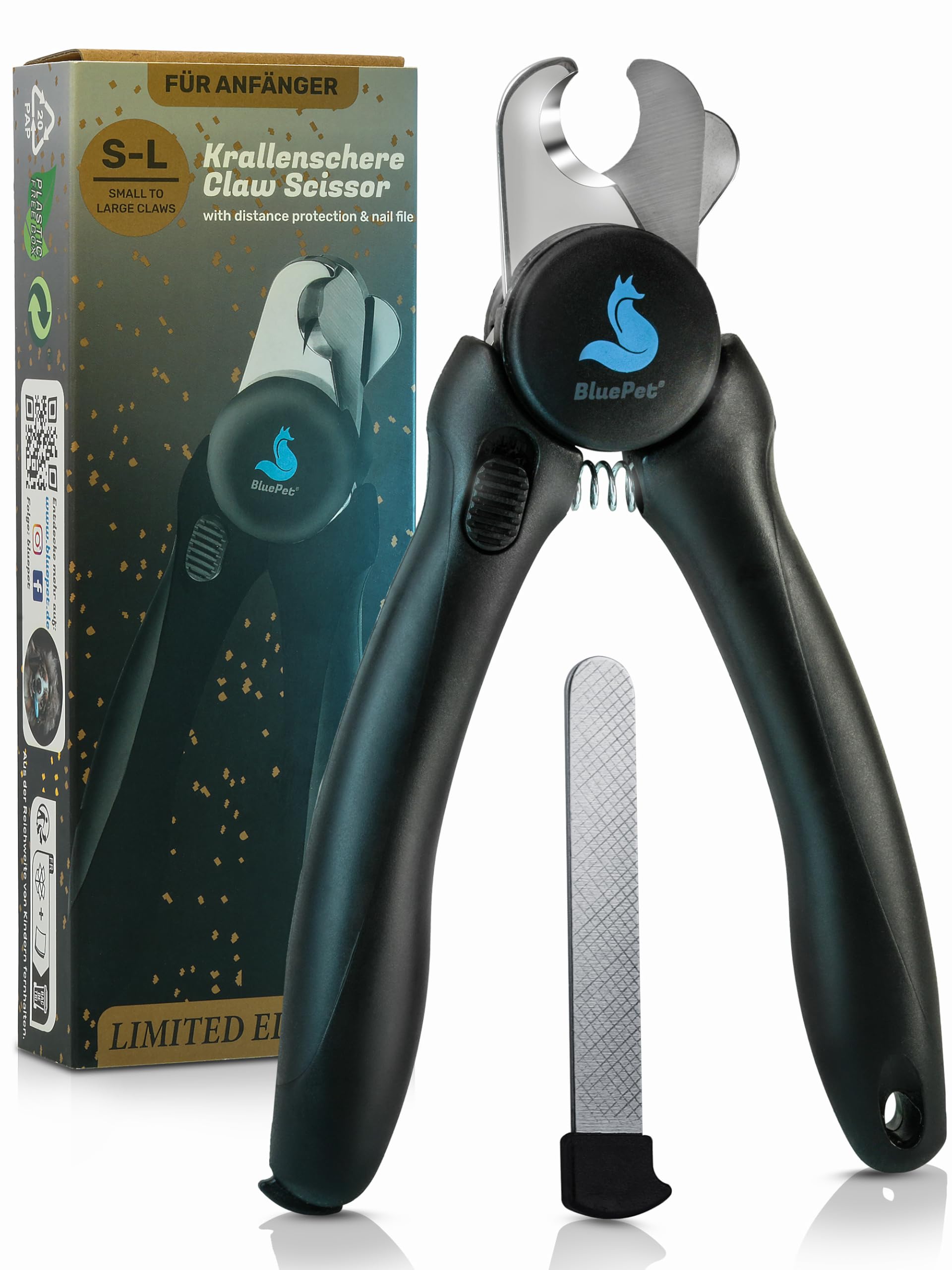 BluePet Krallenschere mit Schutz für Hunde & Katzen I Einsteigerfreundlich I Krallenzange für kleine & große Krallen + Krallenfeile im Griff - Alternative zu Nagelschere & Krallenschleifer