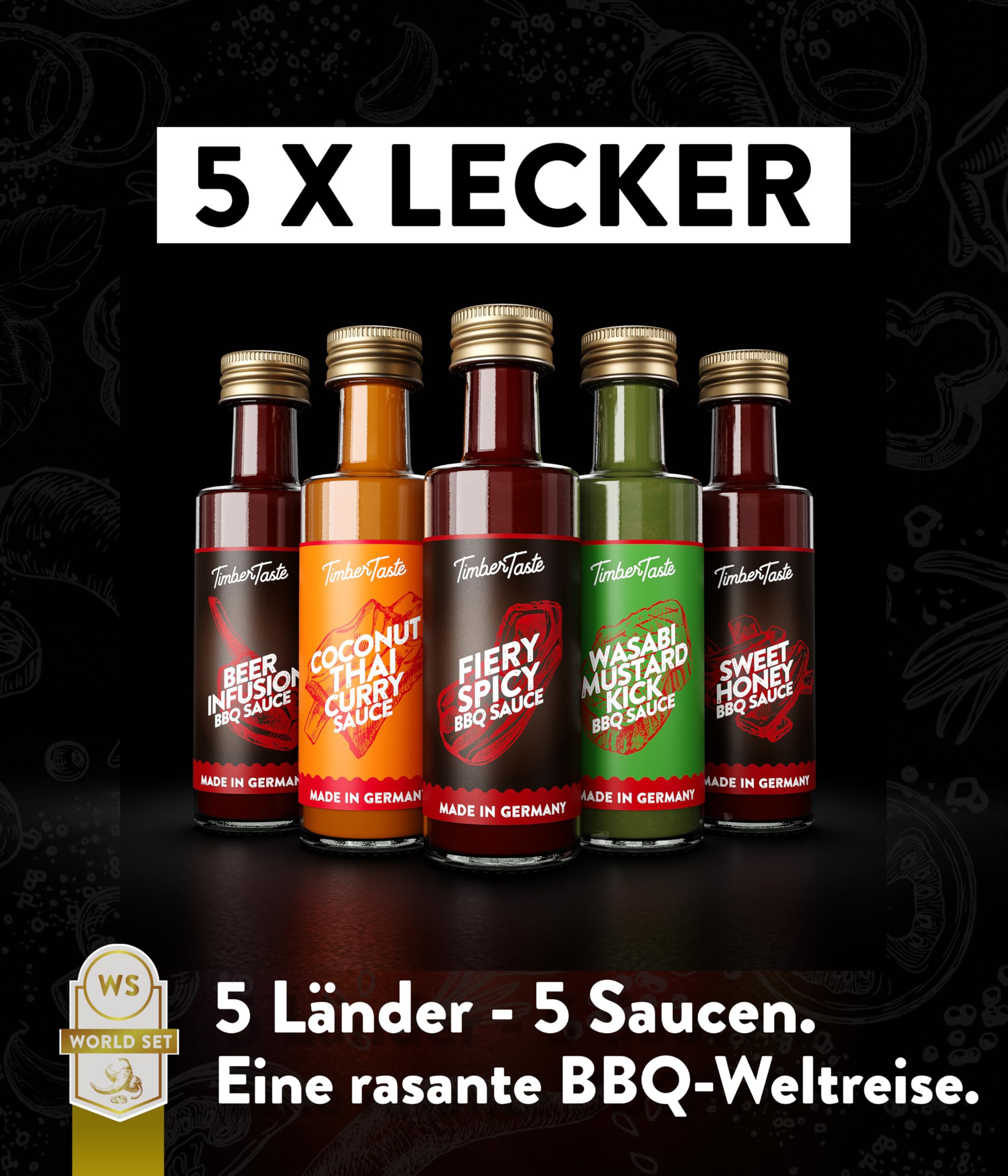 TIMBER TASTE® Chili Geschenkset scharfe Soßen Set - 5 Hot Sauce Set je 40ml in Geschenkverpackung für Liebhaber & Genießer scharfer Saucen | Ostergeschenk Mann | kleine Ostergeschenke Männer