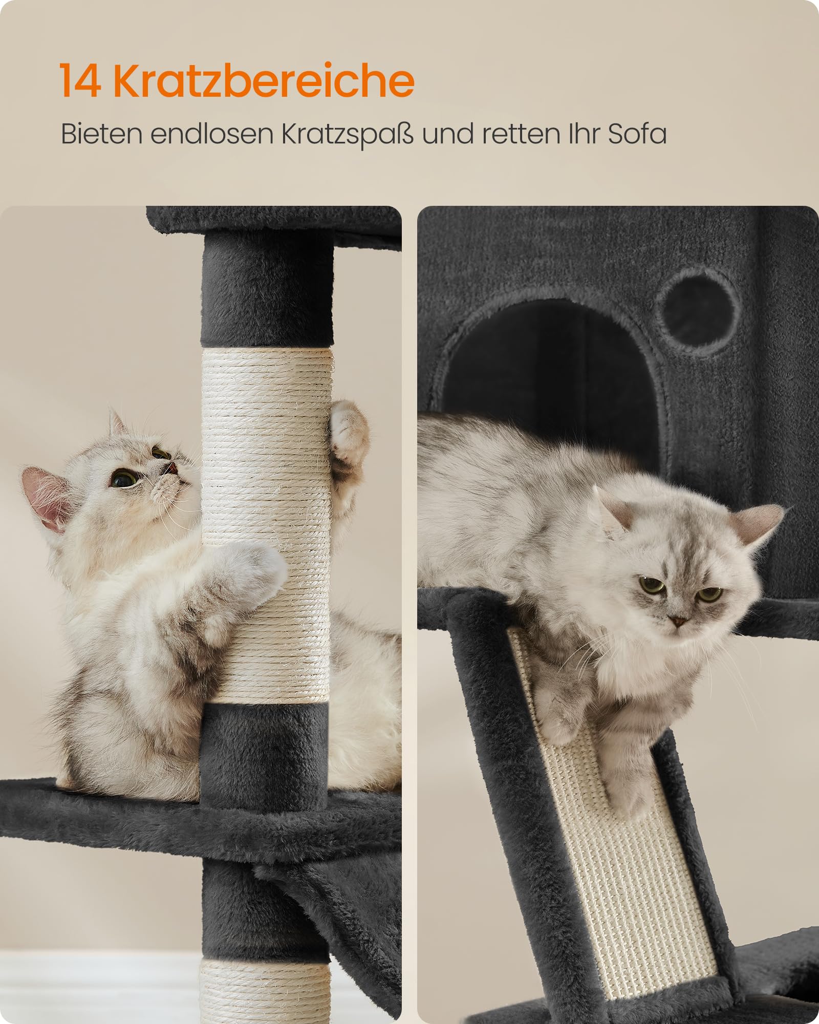 Feandrea Kratzbaum groß, 203,5 cm hoch, XXL Katzenbaum, mit 13 Kratzsäulen, 2 Plattformen, 2 Höhlen, Korb, Hängematte, Plüschbälle, mehrstöckiger Katzenkratzbaum, rauchgrau PCT190G01