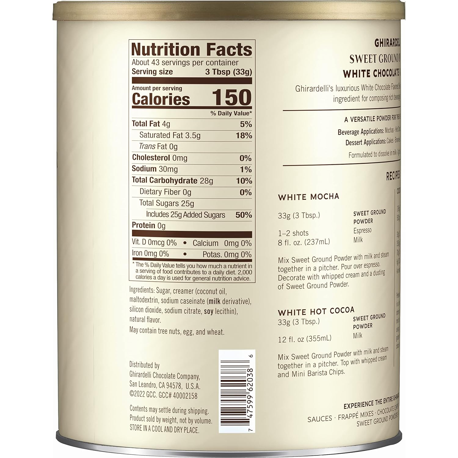 Ghirardelli Sweet Ground White Chocolate Flavor Powder, 3.12 lbs.