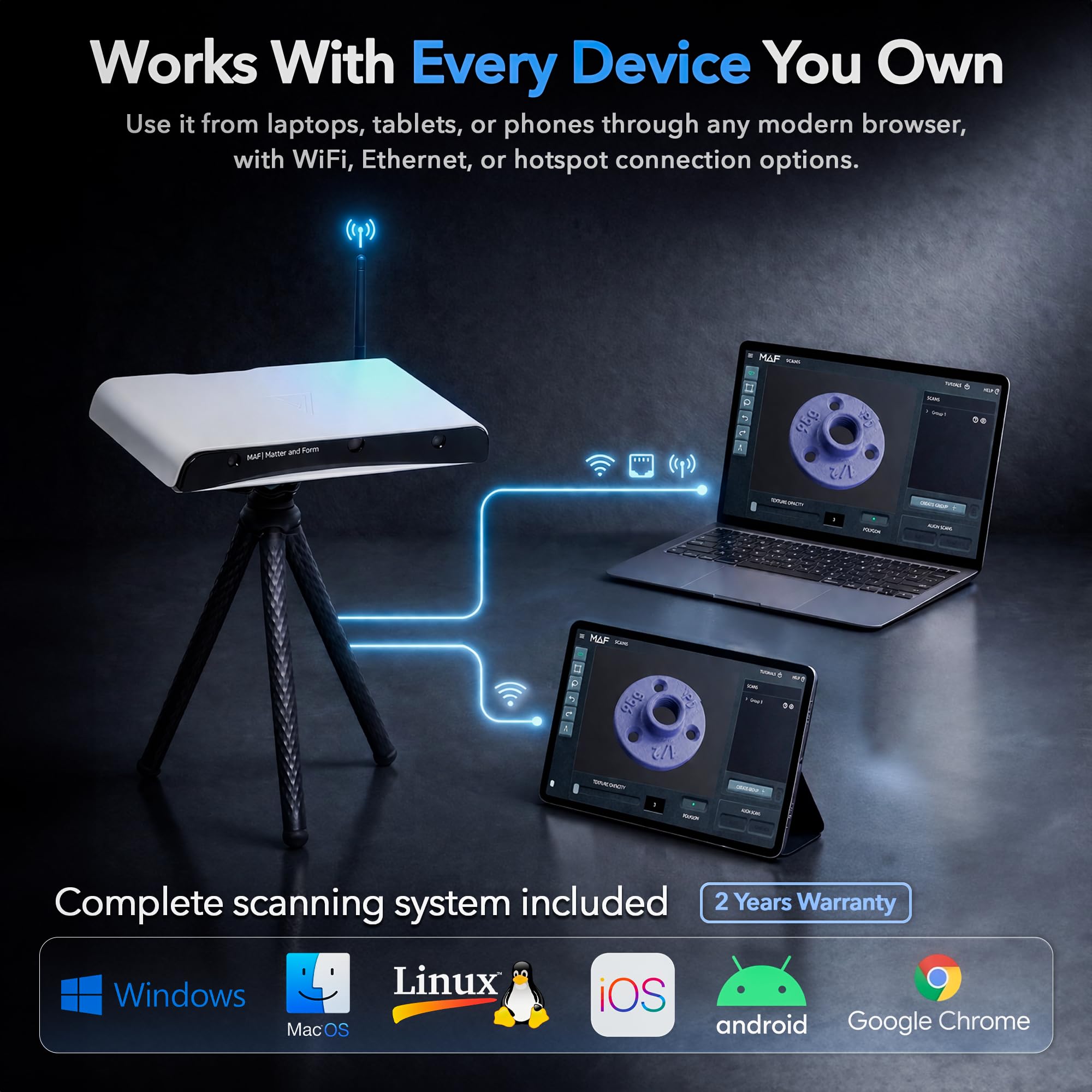 Matter and Form Three 3D Scanner – 33 Micron Accuracy, Autofocus 13MP Cameras, No Tracking Dots Needed, True-Life Color, Scan Jewelry to Car Engines, Compatible with Every Computer and OS