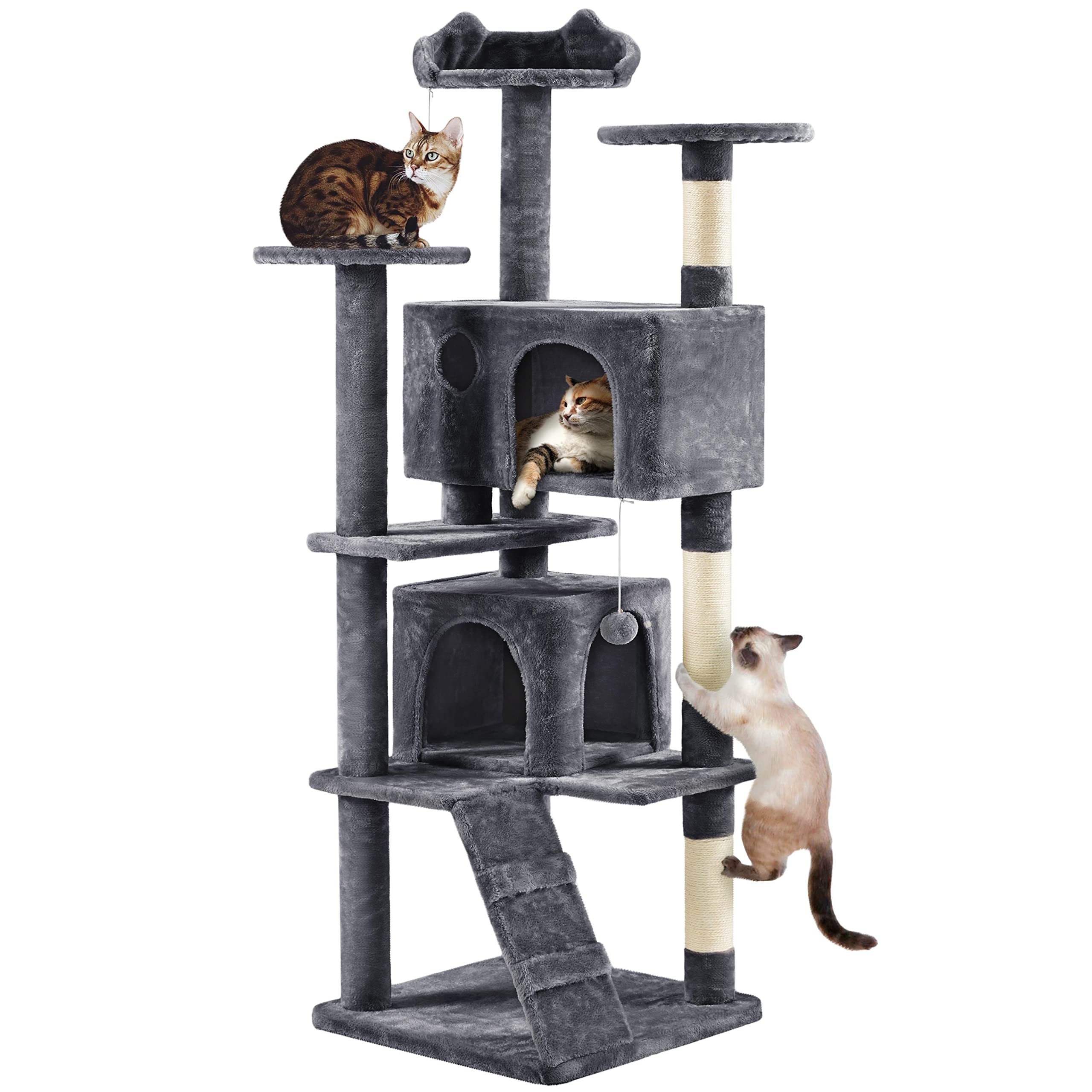 Yaheetech Kratzbaum Groß, 139 cm hoch, Mehrstöckiger Katzenbaum Kletterturm mit 3 Kratzsäulen, 3 Plattformen, 2 Gemütlichen Höhlen, 2 Plüschbällen, Stabiler Aktivitätsbereich für Katzen, Dunkelgrau