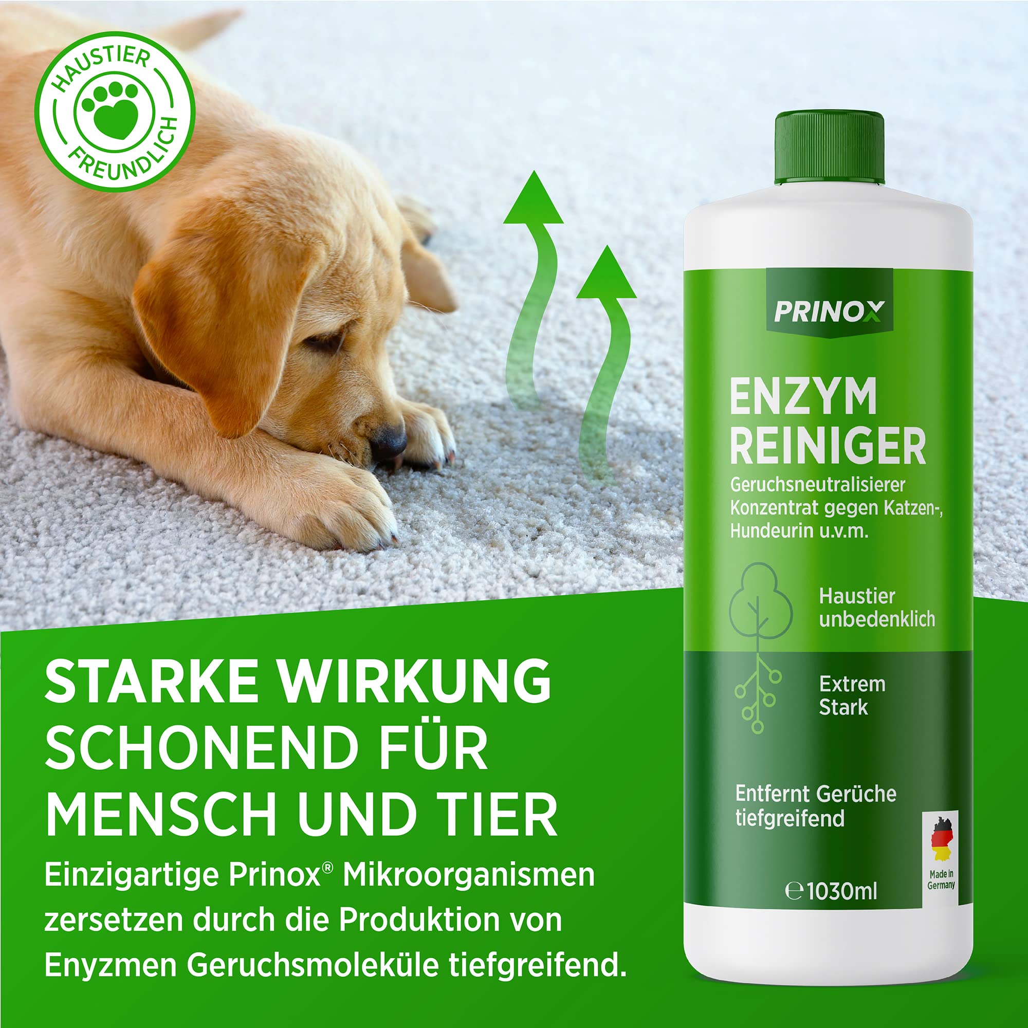 Enzymreiniger Konzentrat 1030ml XXL SET inkl. Mischflasche - STARKER GERUCHSENTFERNER - Ergibt bis zu 40L Geruchsneutralisierer - Beseitigt Hundeurin, Katzenurin Geruch tiefgreifend uvm. I Made in DE