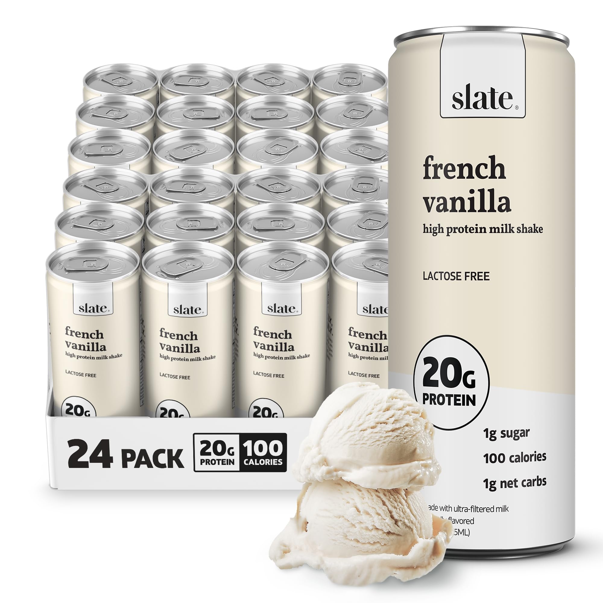 Slate Milk - High Protein Milkshake - French Vanilla - Lactose-Free, 20g Protein, 1g Sugar, 100 Calories, 1g Net Carbs, No Added Sugar - Natural, Breakfast Boost, Post Workout - 11 fl oz, 12 Cans