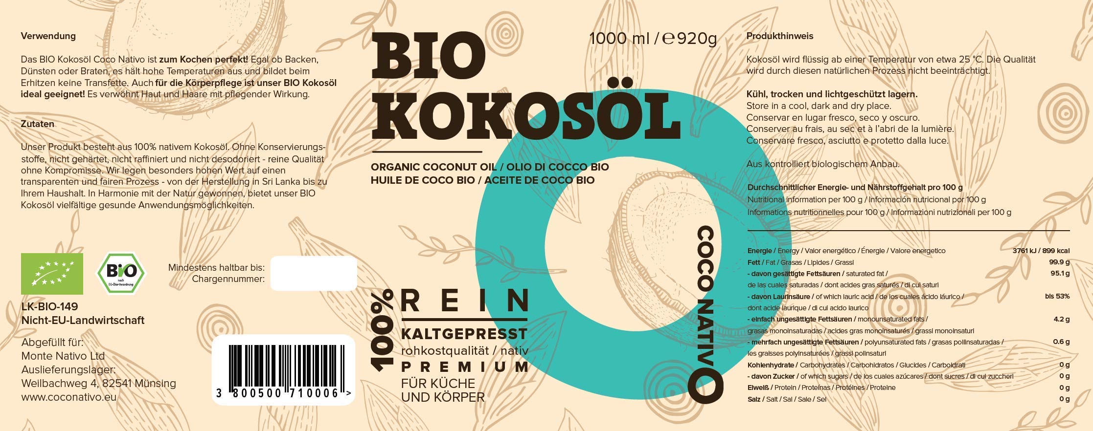 Bio Kokosöl CocoNativo - 1000mL (1L) - Bio Kokosfett, Kokosnussöl, Premium, Nativ, Kaltgepresst, Rohkostqualität, Rein (1000ml) - zum Kochen, Braten und Backen, für Haare und Haut