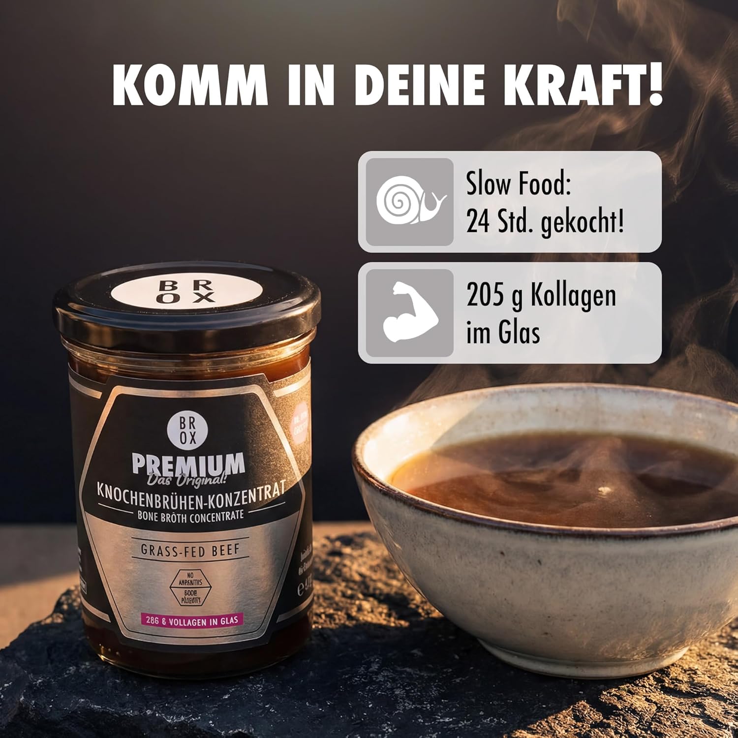 BROX Knochenbrühen-Konzentrat Weiderind (465 g) – 24h gekocht, 205g Kollagen, 3 Sek. Zubereitung – Für 11,5L Rinderbrühe mit maximaler Bioverfügbarkeit – ohne Zusätze, 46 Portionen