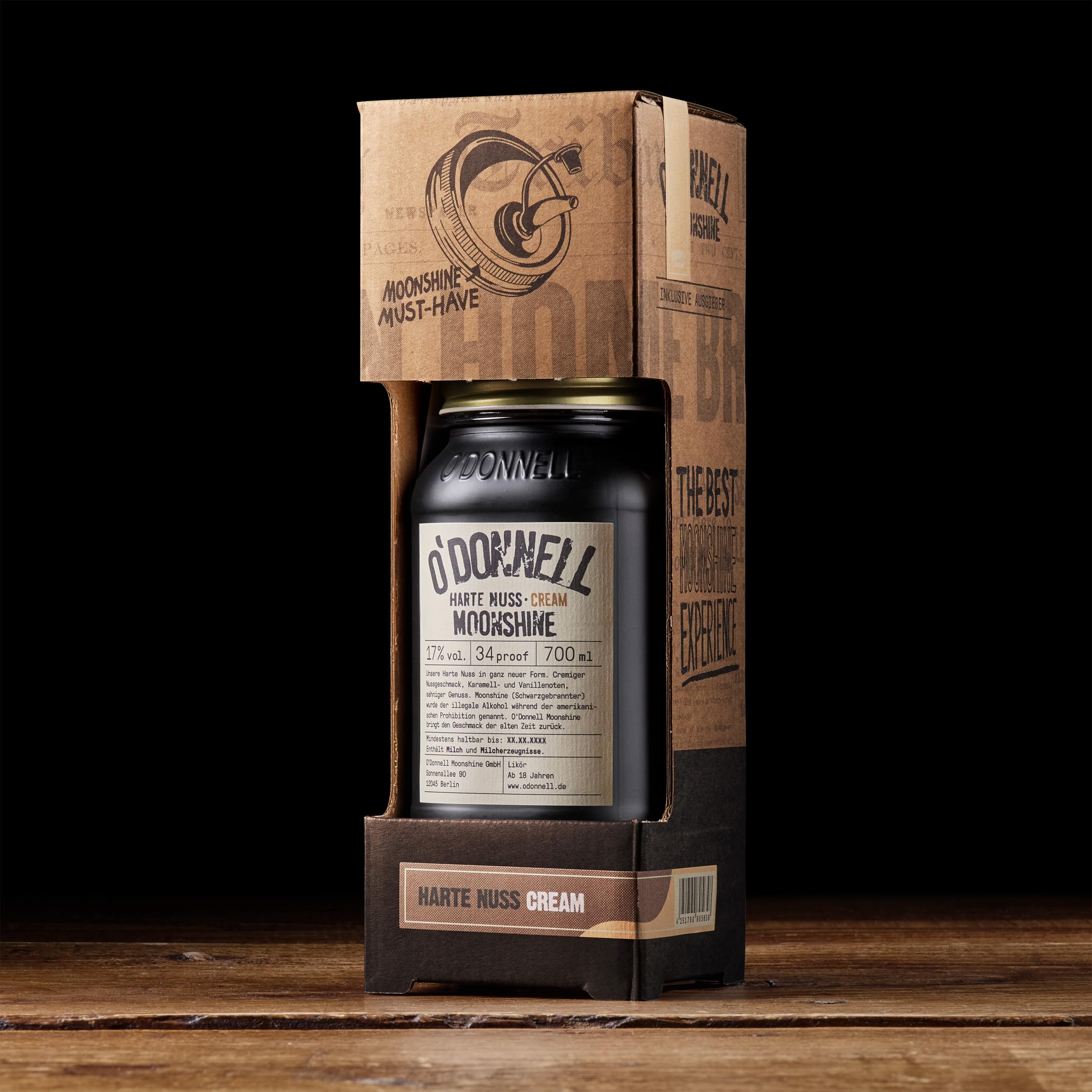 O'Donnell Moonshine Haselnusslikör Harte Nuss Geschenkset (+ Ausgießer) – Nuss Likör mit Whiskey & Karamell Geschmak (700ml) in Original Mason Jar – 25% Premium Spirituose Made in Berlin