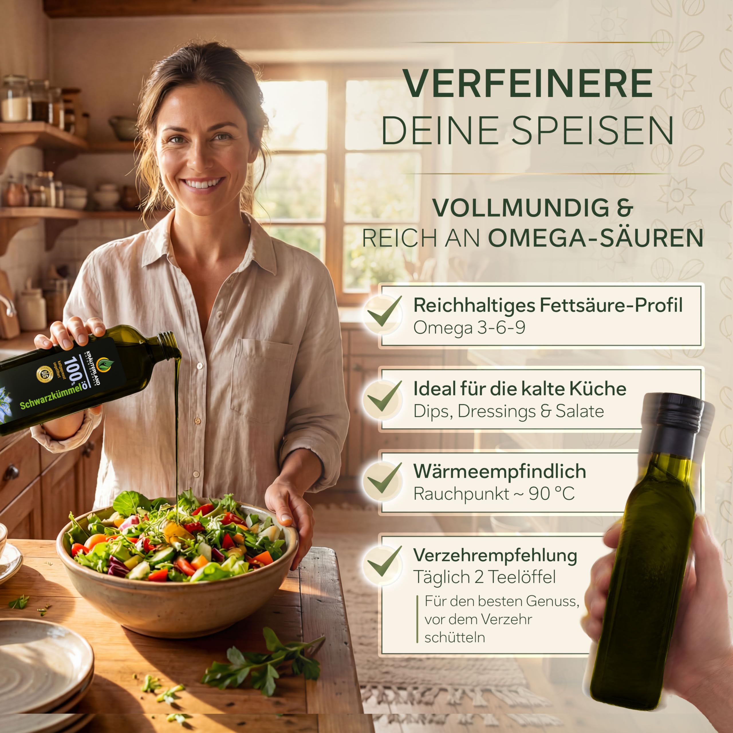 Kräuterland Schwarzkümmelöl 500ml, kaltgepresst & ungefiltert, hoher Thymochinon‑Anteil, ägyptische Samen, mühlenfrisch, 100 % Nigella sativa, naturrein ohne Zusatzstoffe, lichtgeschützten Glas