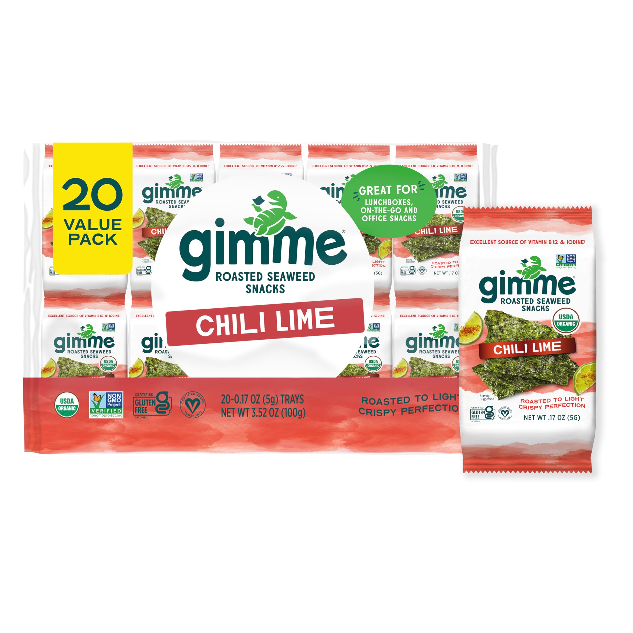 Gimme Seaweed Organic Premium Roasted Seaweed Snacks, Sea Salt, 20 Count, Keto, Vegan, Gluten-Free, Great Source of Omega3s and Iodine, Healthy On-The-Go Snack for Kids and Adults