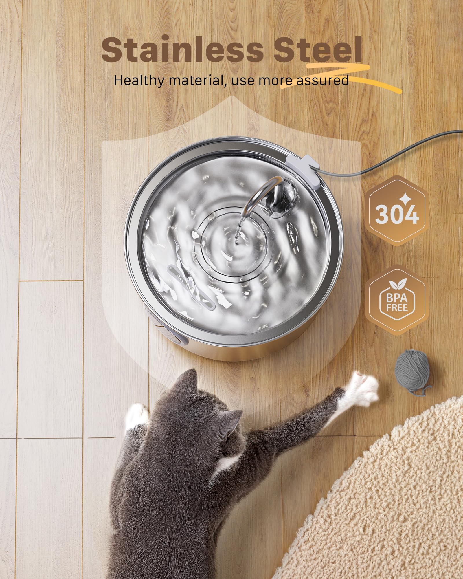 Katzenbrunnen Edelstahl Trinkbrunnen für Katze: Katzenbrunnen für Katzen - 2.2L Wasserbrunnen für Katzen mit 1 Filter und 1 Schwamm - Automatisch Katzentrinkbrunnen für Hunde mit Sichtfenster