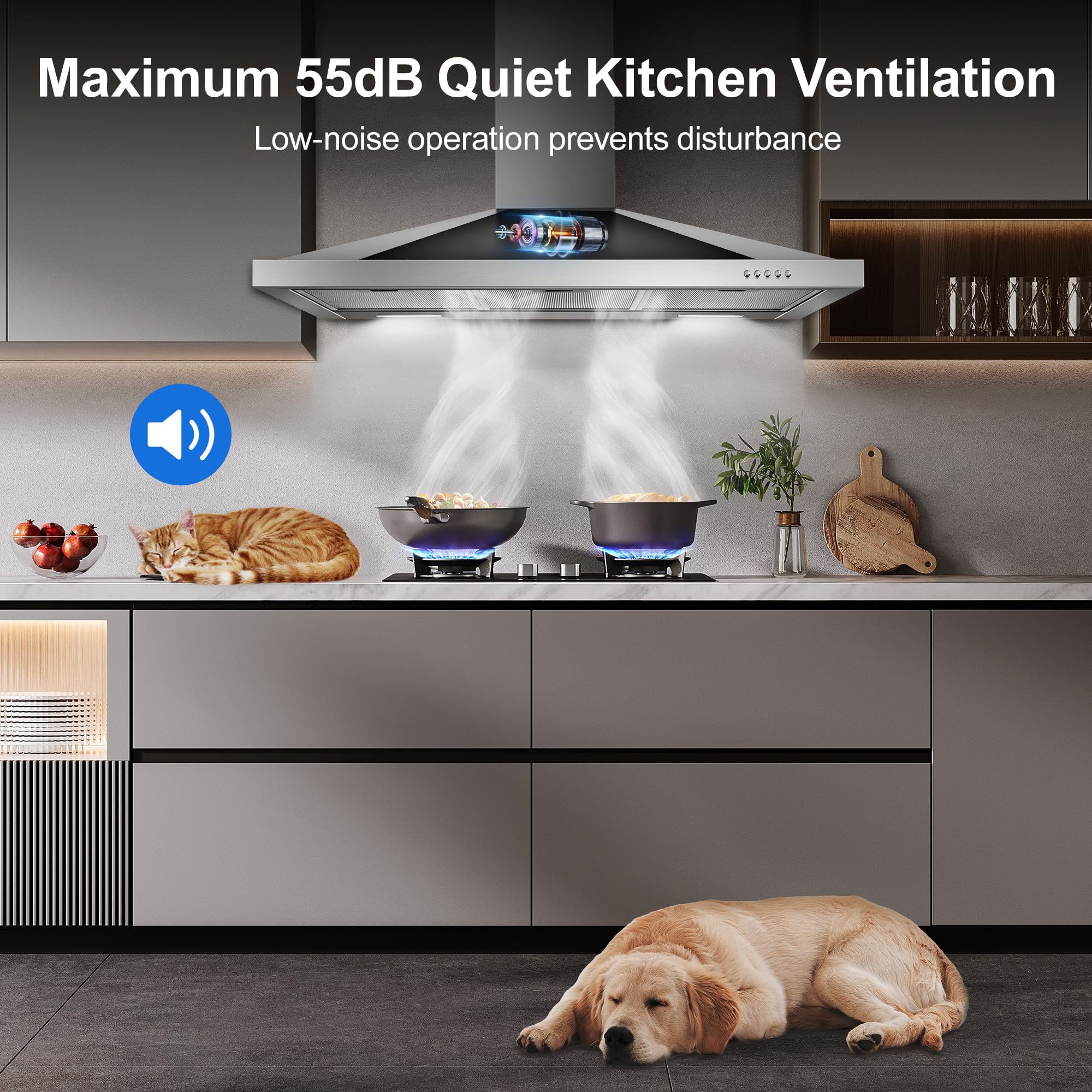 Tieasy Wall Mount Range Hood 30 inch with Ducted/Ductless Convertible Duct, Stainless Steel Chimney-Style Over Stove Vent Hood with LED Light, 3 Speed Exhaust Fan, 450 CFM