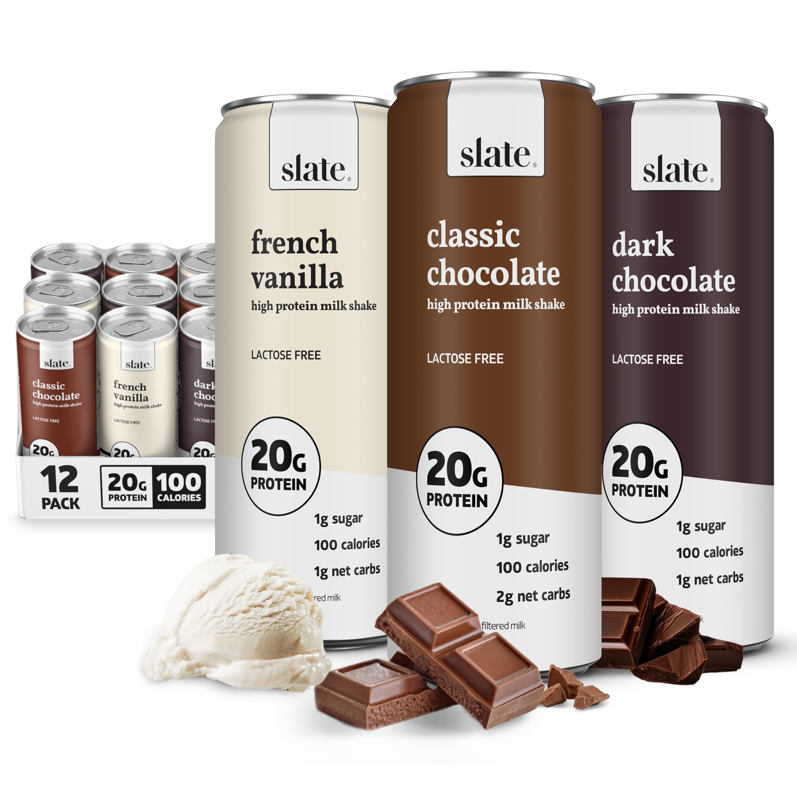 Slate Milk - High Protein Milkshake - French Vanilla - Lactose-Free, 20g Protein, 1g Sugar, 100 Calories, 1g Net Carbs, No Added Sugar - Natural, Breakfast Boost, Post Workout - 11 fl oz, 12 Cans