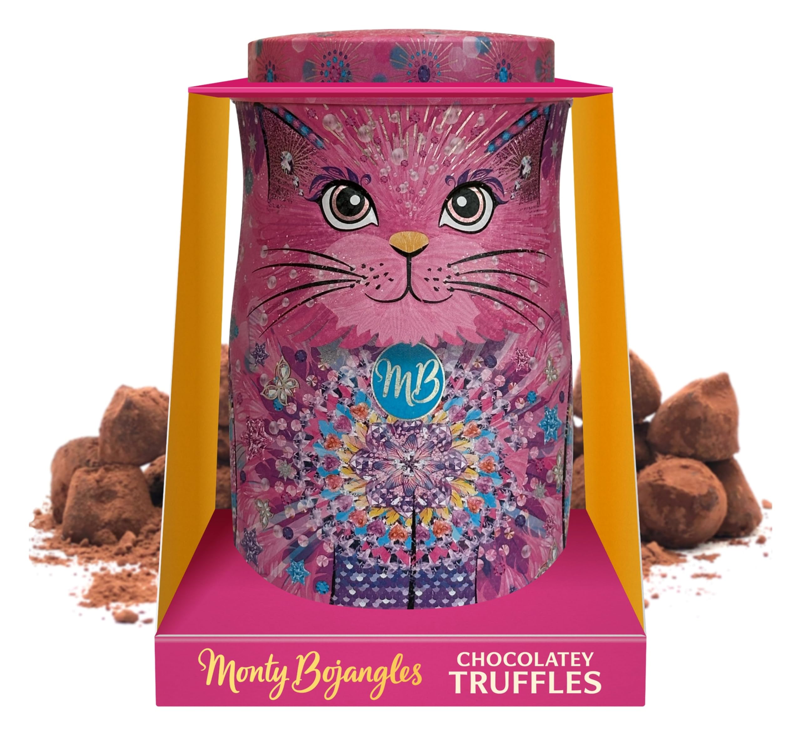 Monty Bojangles Kit-Tins Schokoladentrüffel (4 x 36g) Truffle Pralinen mit Kakao bestäubt Pralinen, Schokolade Sammlerdose mit Katzen-Design, Geschenkset mit vier Geschmacksrichtungen