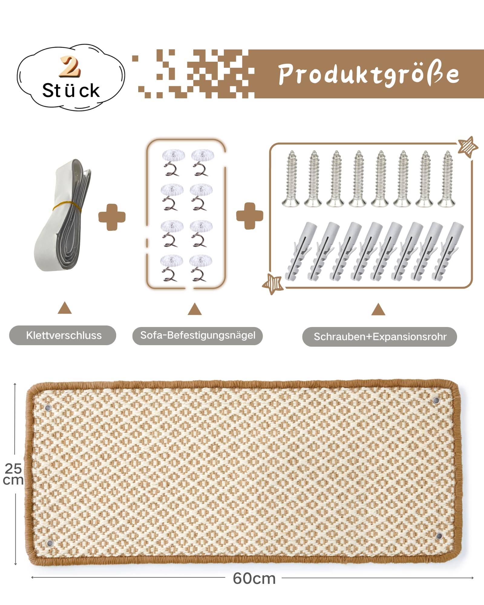 2 Stück Kratzmatte aus Sisal, Kratzmatte für Katzen, mit Klebeband, Katzenkratzmatte, Teppich zum Schutz der Wand, 60 × 25 cm (Braun)