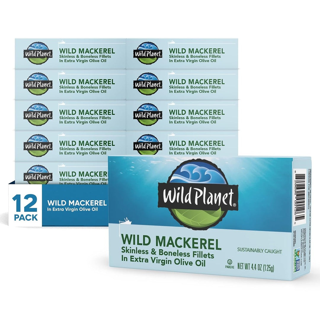 Wild Planet Wild Mackerel Fillets in Organic Extra Virgin Olive Oil, Skinless & Boneless, Canned Fish, 4.4 Ounce (Pack of 12)