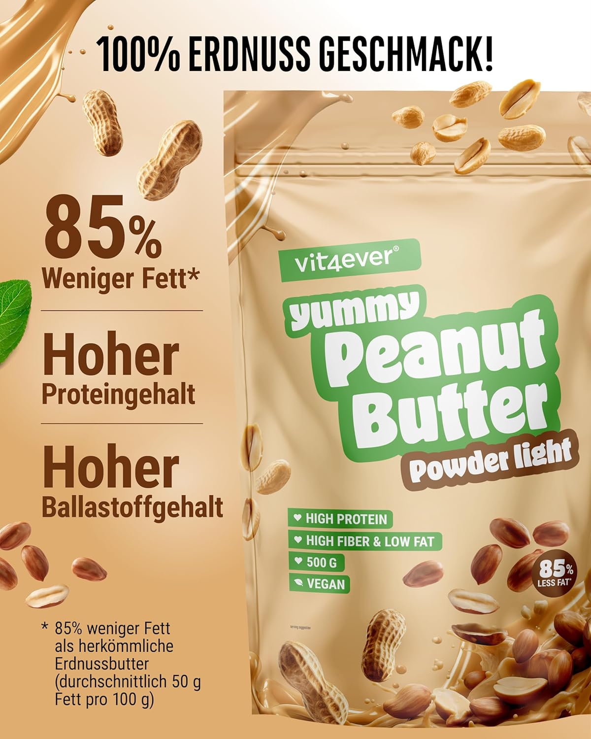 vit4ever Erdnussbutter light Pulver 500 g - Powdered Peanut Butter 85% weniger Fett, ohne Zucker - Peanutbutter Creme mit leckerem Geschmack