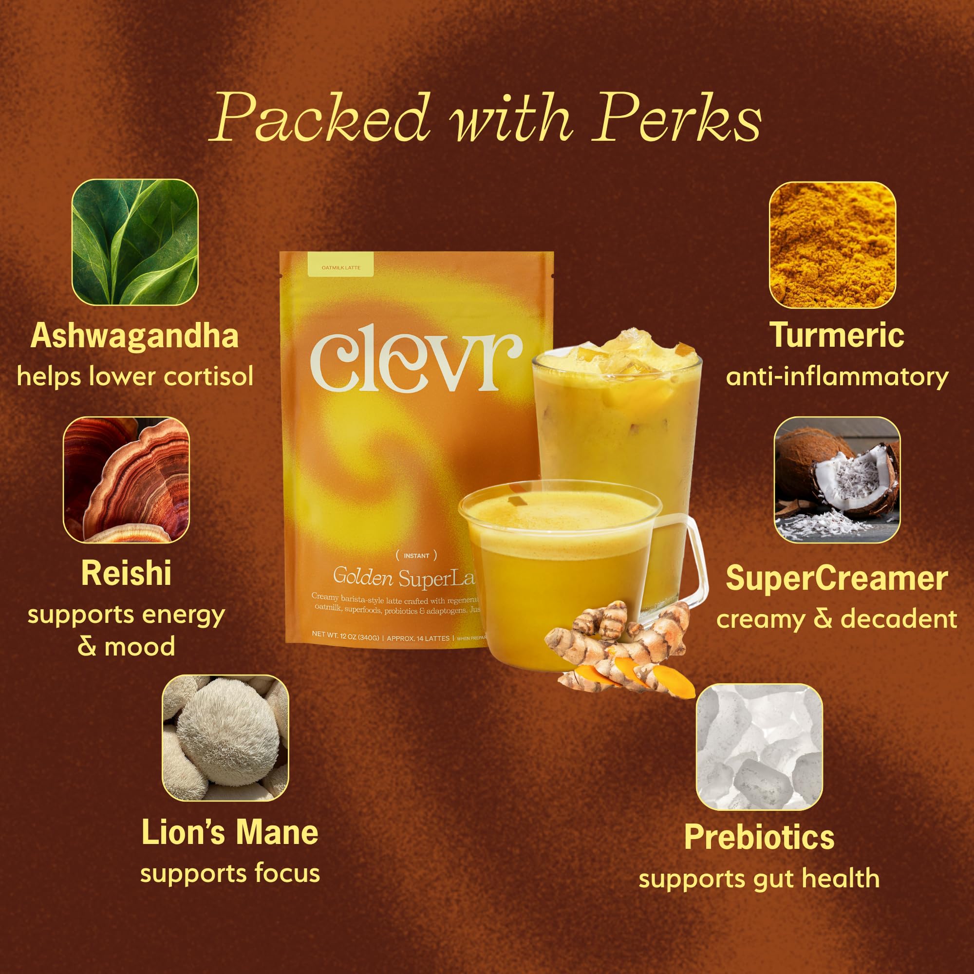 Clevr Organic Matcha Green Tea Latte, Instant Ceremonial Grade, Superfood Powder Blend with Oat Milk, Lions Mane, Reishi Mushroom, Coconut Cream, Ashwagandha, Serve Hot or Iced, (14 Lattes)