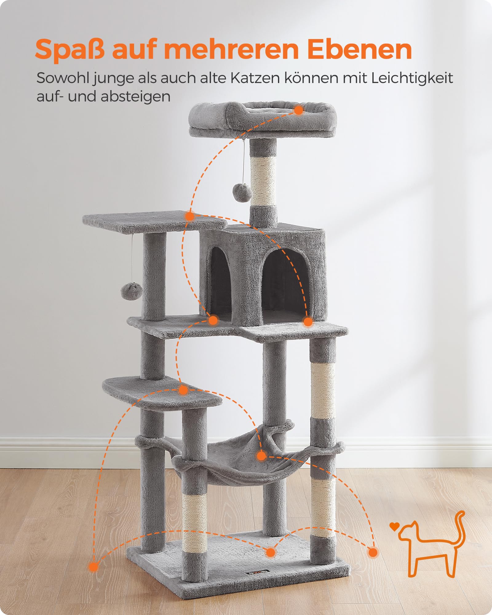 Feandrea Kratzbaum, 143 cm hoch, Katzenbaum, mehrstöckiges Katzenhaus, mit 4 Kratzsäulen, 2 Plattformen, Hängematte, Höhle, hellgrau PCT161W01