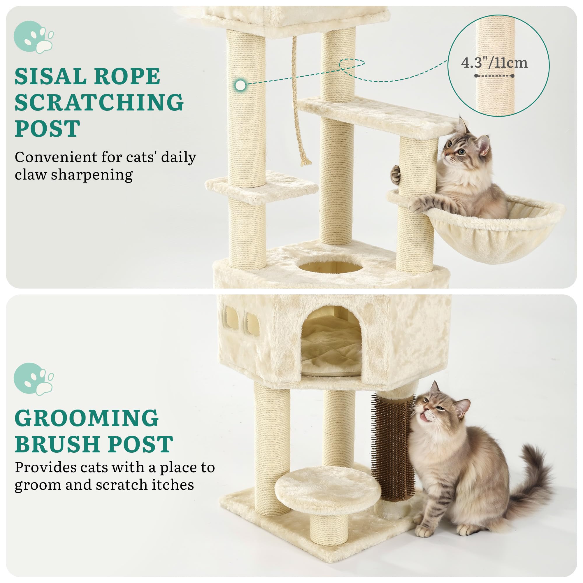 YITAHOME Kratzbaum, Katzenkratzbaum, für Große Katze, Katzenbaum, Katzenbürsten, 11 cm Dicke Stämme, Große Plattformen, Plüschkissen, Höhle, 50 x 50 x 157 cm, Beige