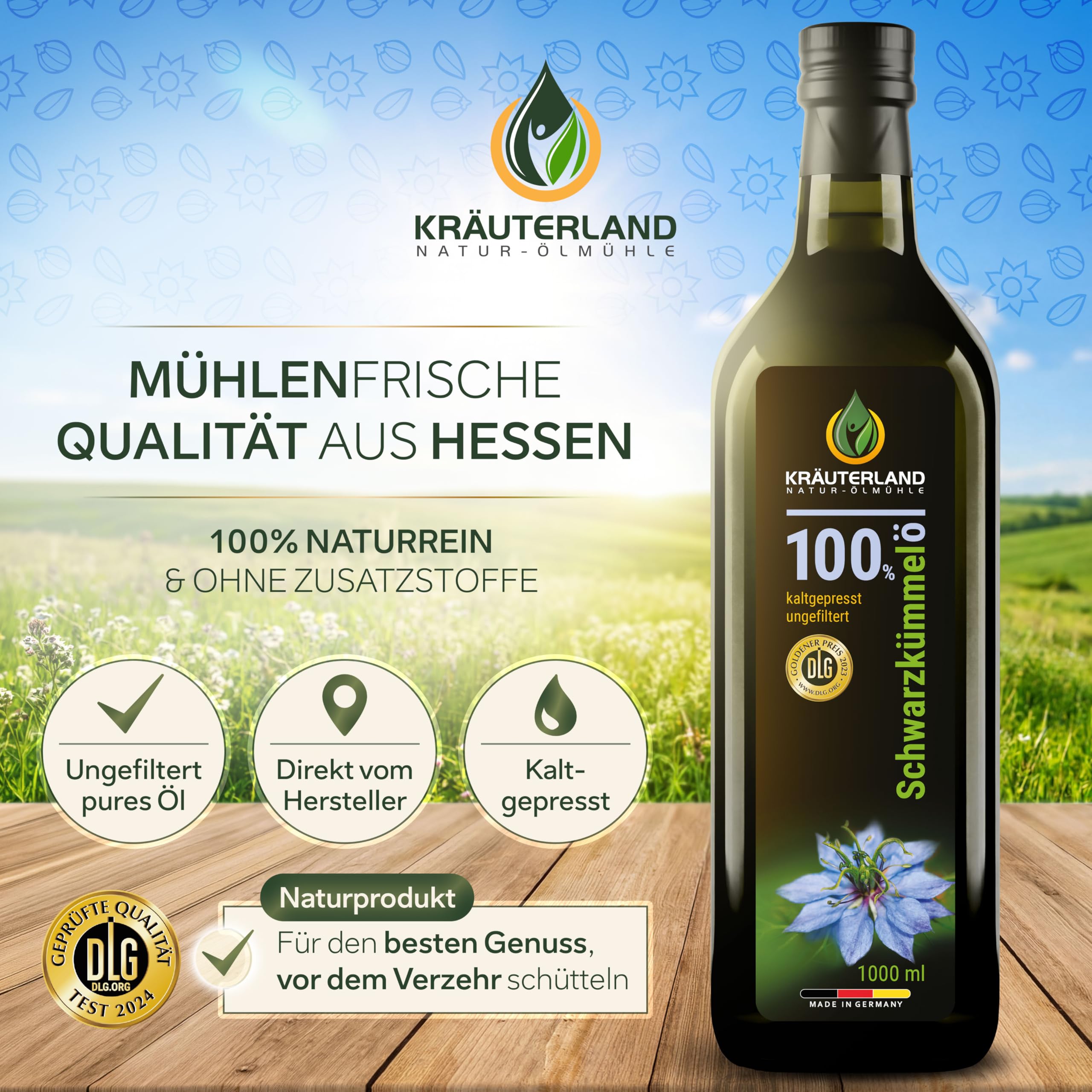 Kräuterland Schwarzkümmelöl 500ml, kaltgepresst & ungefiltert, hoher Thymochinon‑Anteil, ägyptische Samen, mühlenfrisch, 100 % Nigella sativa, naturrein ohne Zusatzstoffe, lichtgeschützten Glas