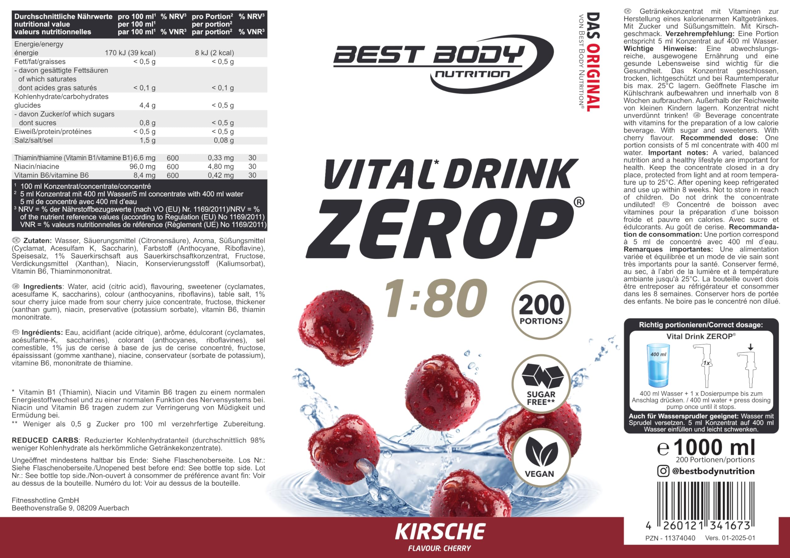 Best Body Nutrition ZEROP Vital Zuckerfreies Getränkekonzentrat Sirup Kirsche Ohne Aspartam 1 L ergibt 80 L Getränk Fitness Drink mit Vitaminen B1 B6 Niacin Kalorienarm Wassersprudler