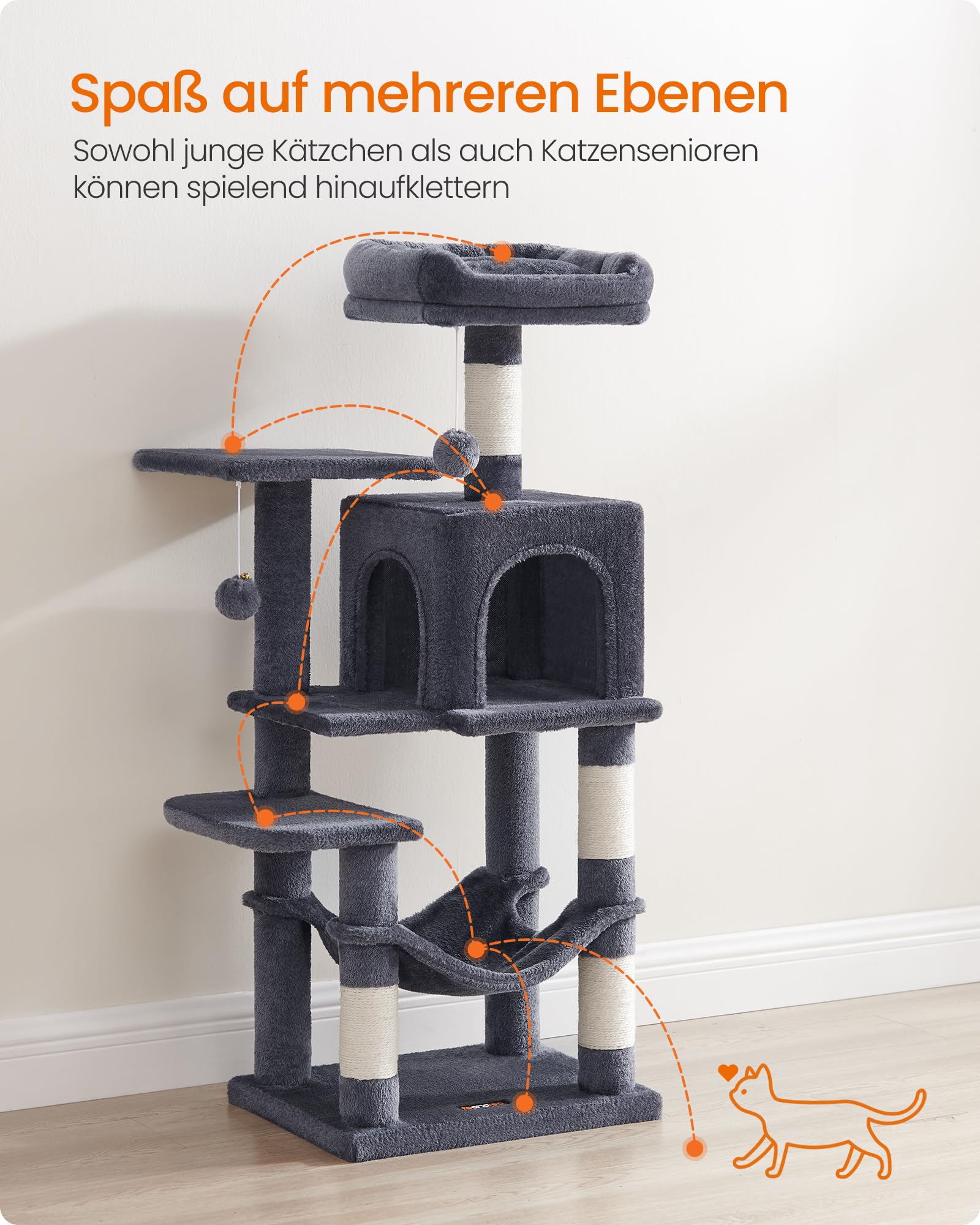 Feandrea Kratzbaum, 143 cm hoch, Katzenbaum, mehrstöckiges Katzenhaus, mit 4 Kratzsäulen, 2 Plattformen, Hängematte, Höhle, hellgrau PCT161W01