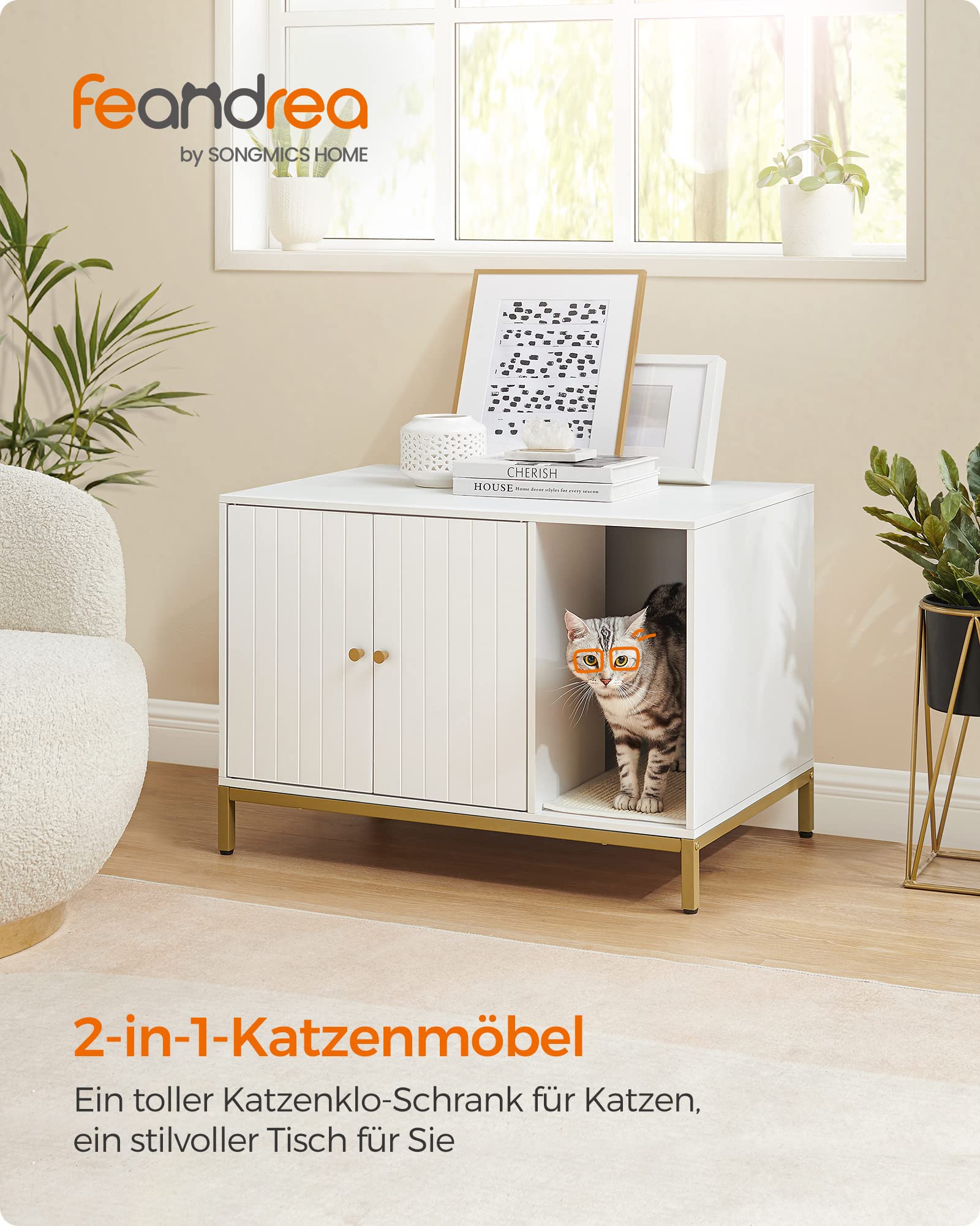 Feandrea Katzenklo-Schrank, Katzenhaus, Katzentoilette, mit Kratzmatte, hohe Beine, für Katzen, Beistelltisch, 80 x 50 x 55 cm, weiß-goldfarben PCL007W01