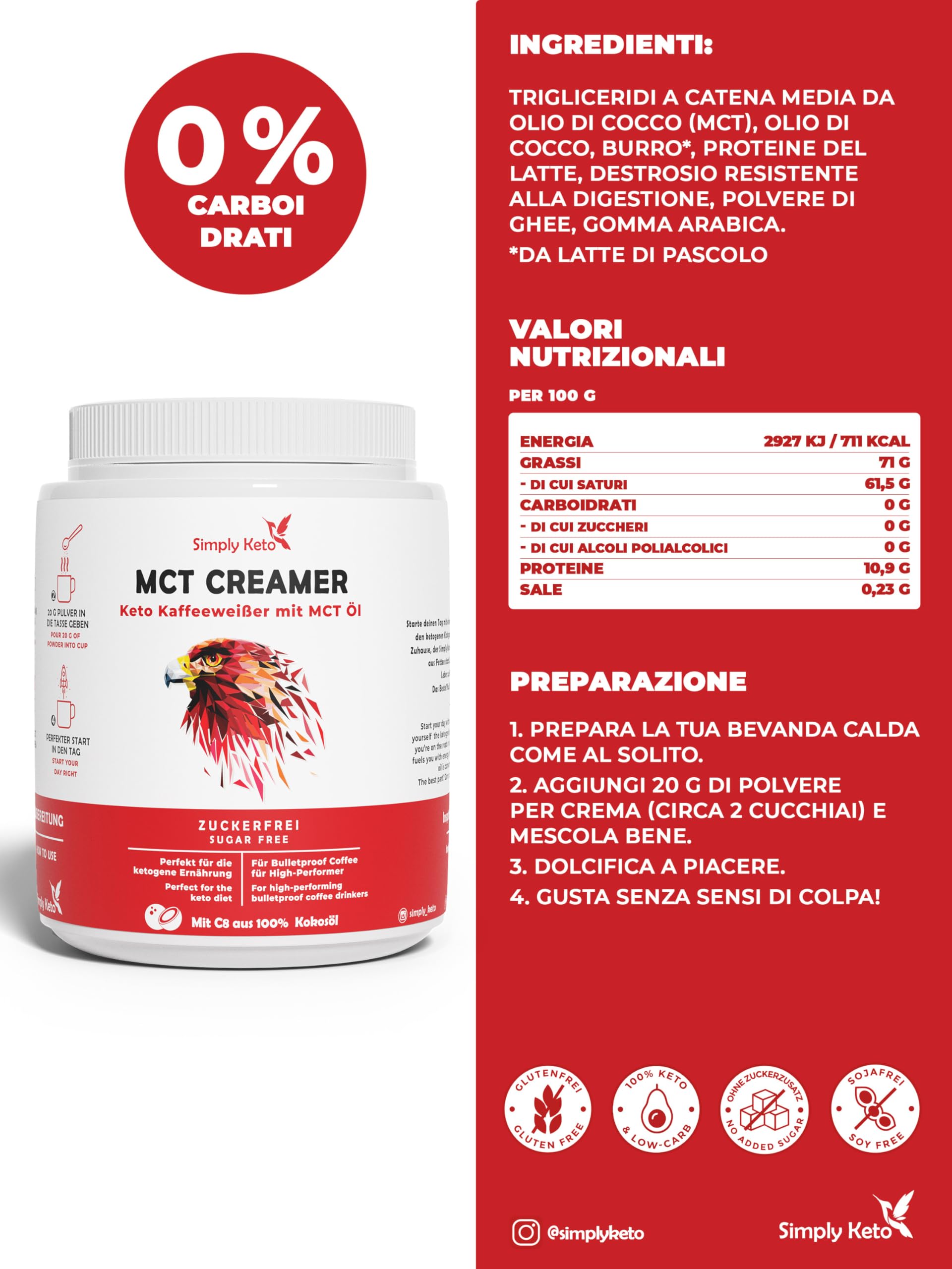 Simply Keto Keto Creamer Vorratsdose 450g - Ohne Zuckerzusatz ketogener Kaffeeweißer für leckeren Milchkaffee - Mit Kokosöl & Weidebutter - Ohne Zucker & Kohlenhydrate - Optimiert für Geschmack