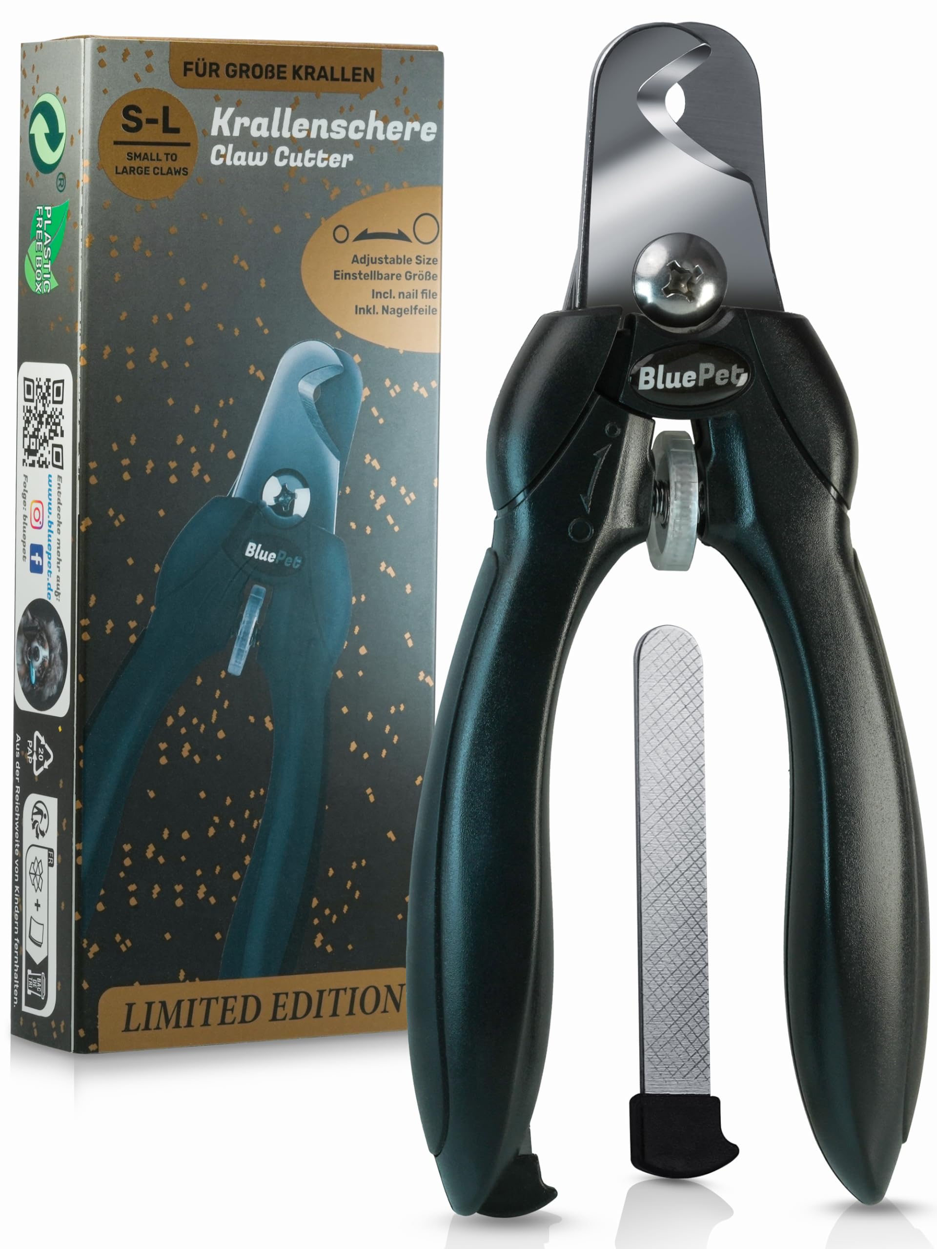 BluePet Krallenschere mit Schutz für Hunde & Katzen I Einsteigerfreundlich I Krallenzange für kleine & große Krallen + Krallenfeile im Griff - Alternative zu Nagelschere & Krallenschleifer