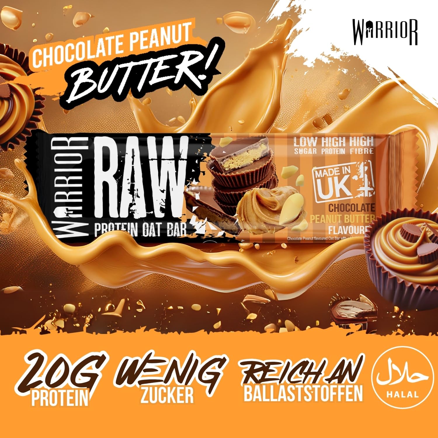 Warrior Raw Proteinriegel 12 x 75 g – Ballaststoffreicher Haferriegel mit Protein, High Protein Snack ohne Zucker, Natürlicher Haferflocken Riegel mit Präbiotika – Schoko-Brownie