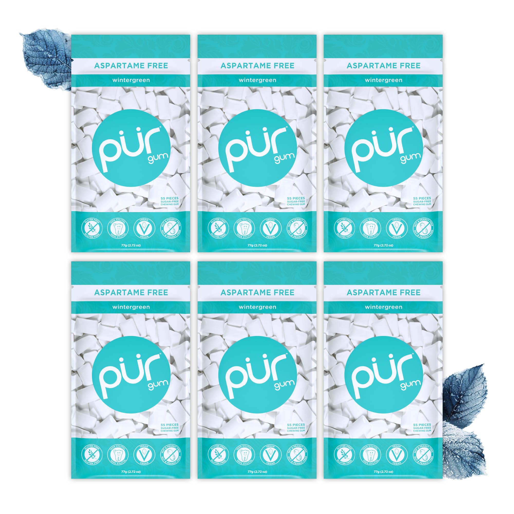 PUR Gum | Zuckerfreier Kaugummi | Mit Xylit | Vegan, Aspartamfrei & Glutenfrei | Natürlicher Kaugummi Mit Spearmint-Geschmack, 55 Stück (3er Pack)