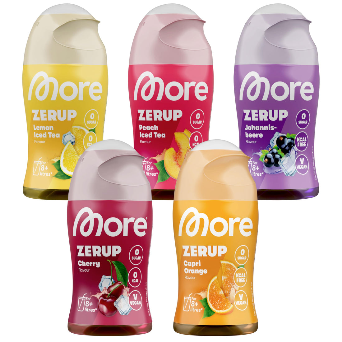 MORE Zerup, mixed 6er Bundle, 6 x 65 ml, verschiedene Sorten, für bis zu 48 l Fertiggetränk, zuckerfreier Sirup mit u.a. echten Fruchtextrakten, vegan, zero Kalorien - made in Germany