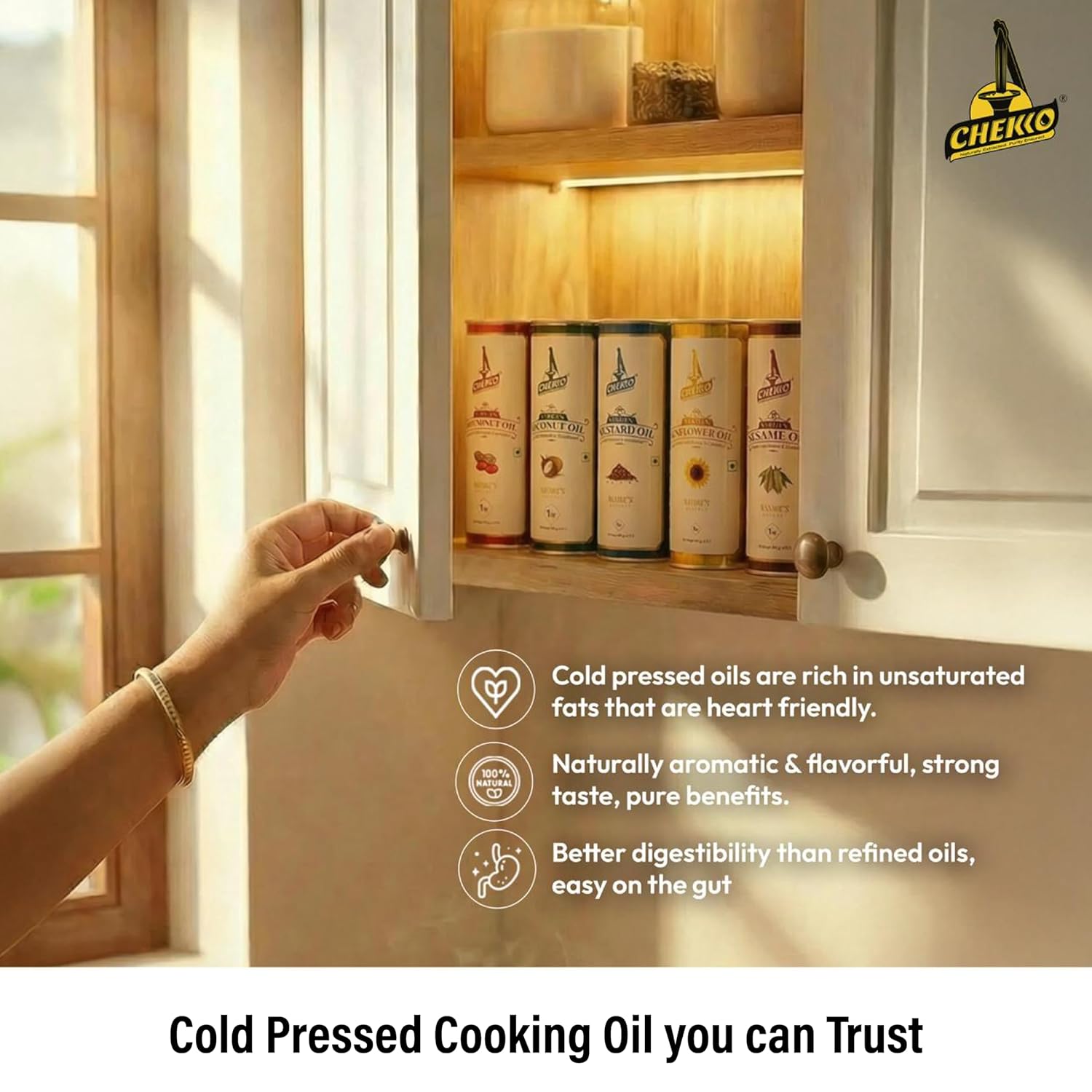 Chekko Cold Pressed Virgin 5L Groundnut/Peanut Oil | 100% Natural, Pure, Non GMO & Wood Pressed 169 FL.Oz for Cooking