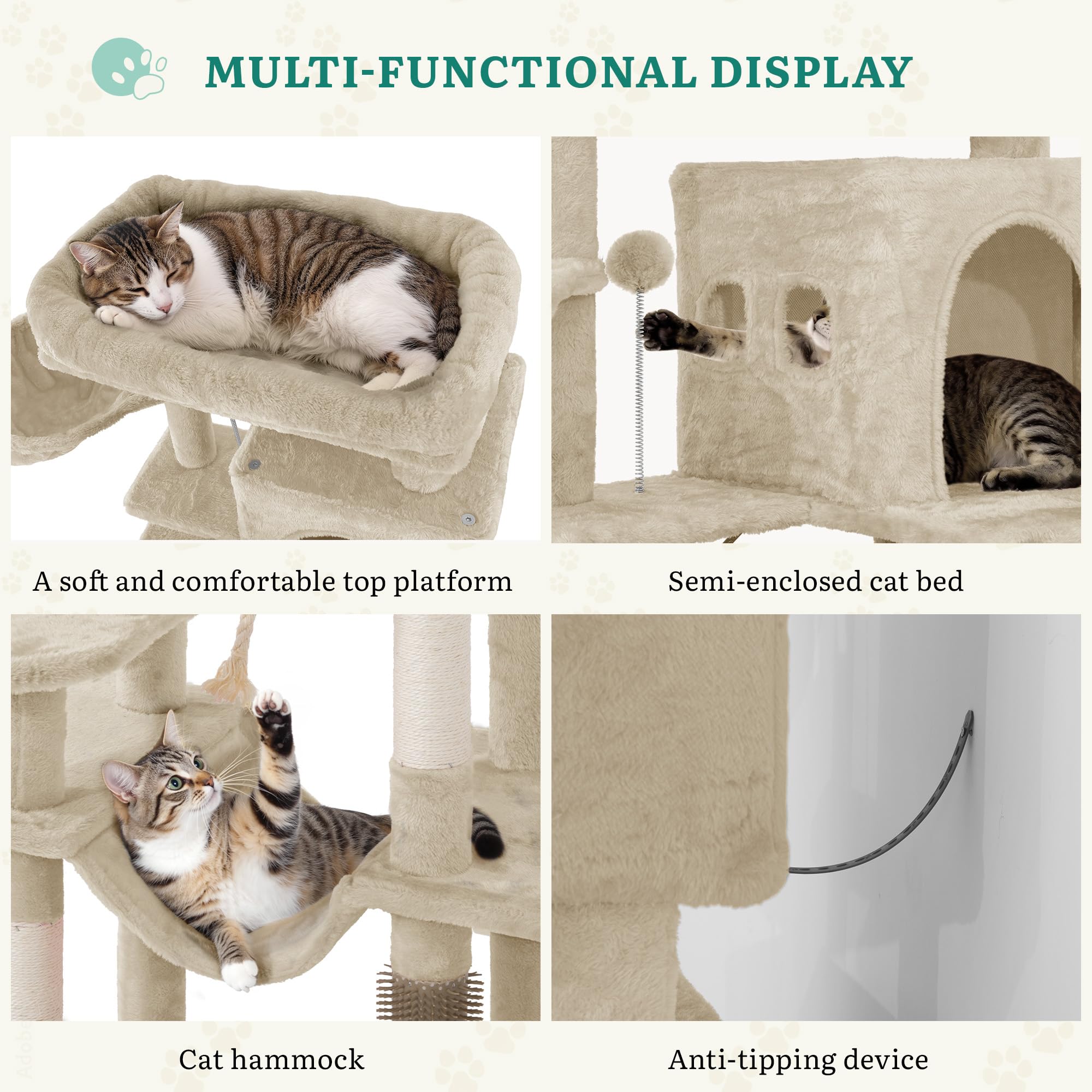 YITAHOME Kratzbaum, Katzenkratzbaum, für Große Katze, Katzenbaum, Katzenbürsten, 11 cm Dicke Stämme, Große Plattformen, Plüschkissen, Höhle, 50 x 50 x 157 cm, Beige