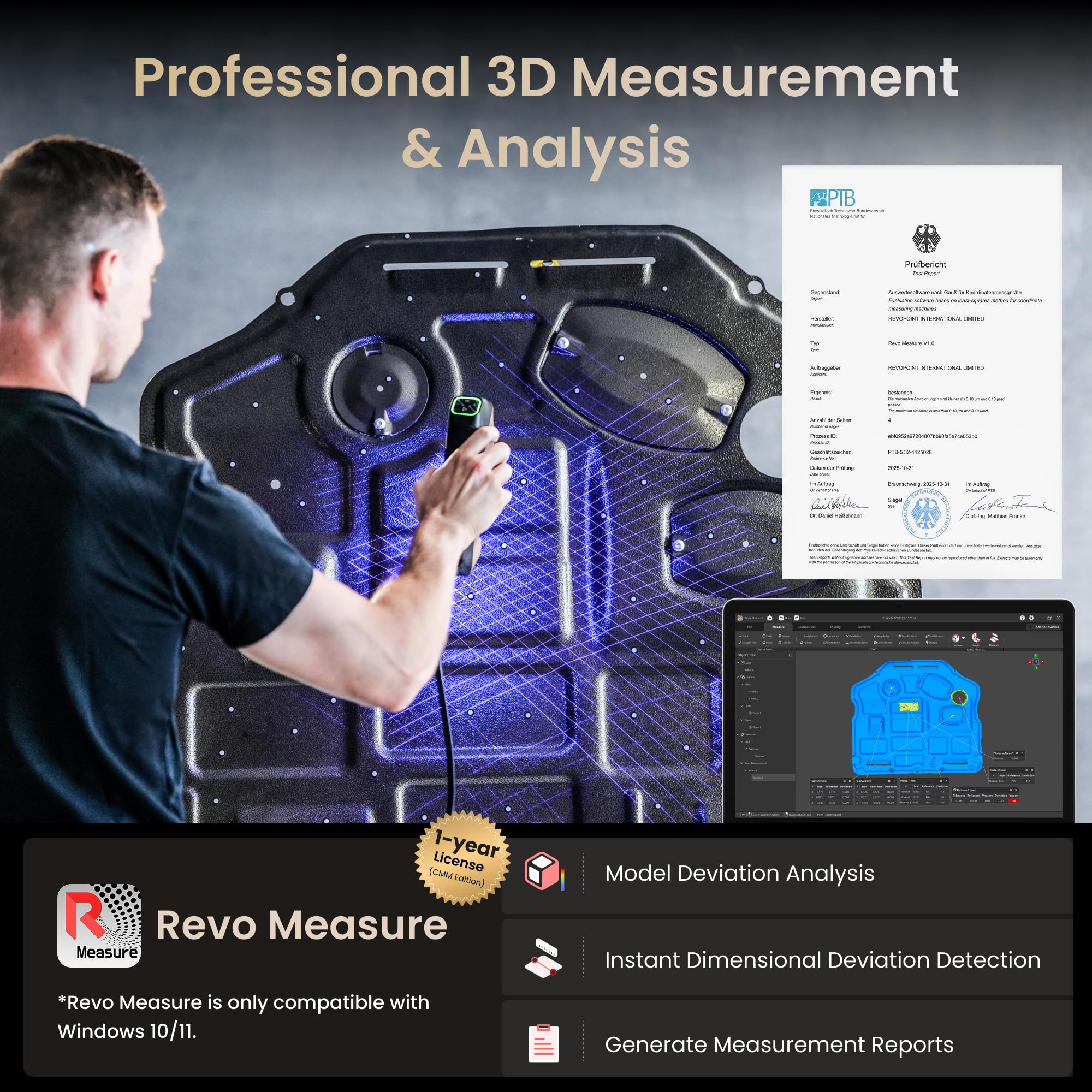 Revopoint MetroY Ultra Laser 3D Scanner for 3D Printing Handheld, 0.01mm Precision, 34+15+1 Blue Laser, Up to 90 FPS Speed, Anti-Shaking, Wireless Outdoor Scanning, Standard Edition