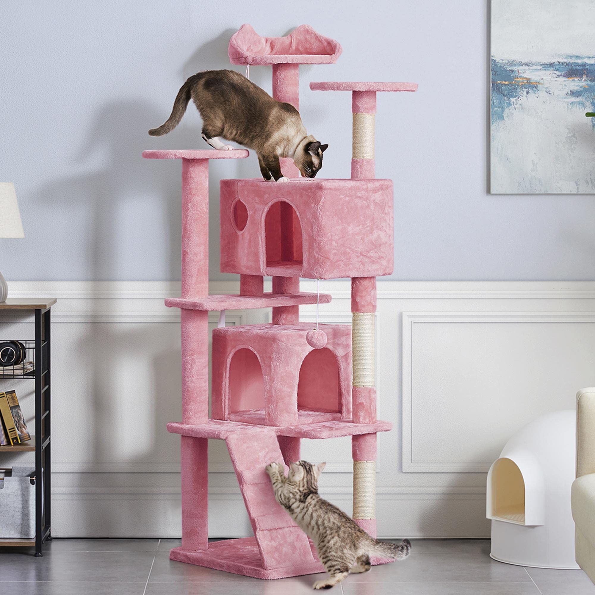 Yaheetech Kratzbaum Groß, 139 cm hoch, Mehrstöckiger Katzenbaum Kletterturm mit 3 Kratzsäulen, 3 Plattformen, 2 Gemütlichen Höhlen, 2 Plüschbällen, Stabiler Aktivitätsbereich für Katzen, Dunkelgrau
