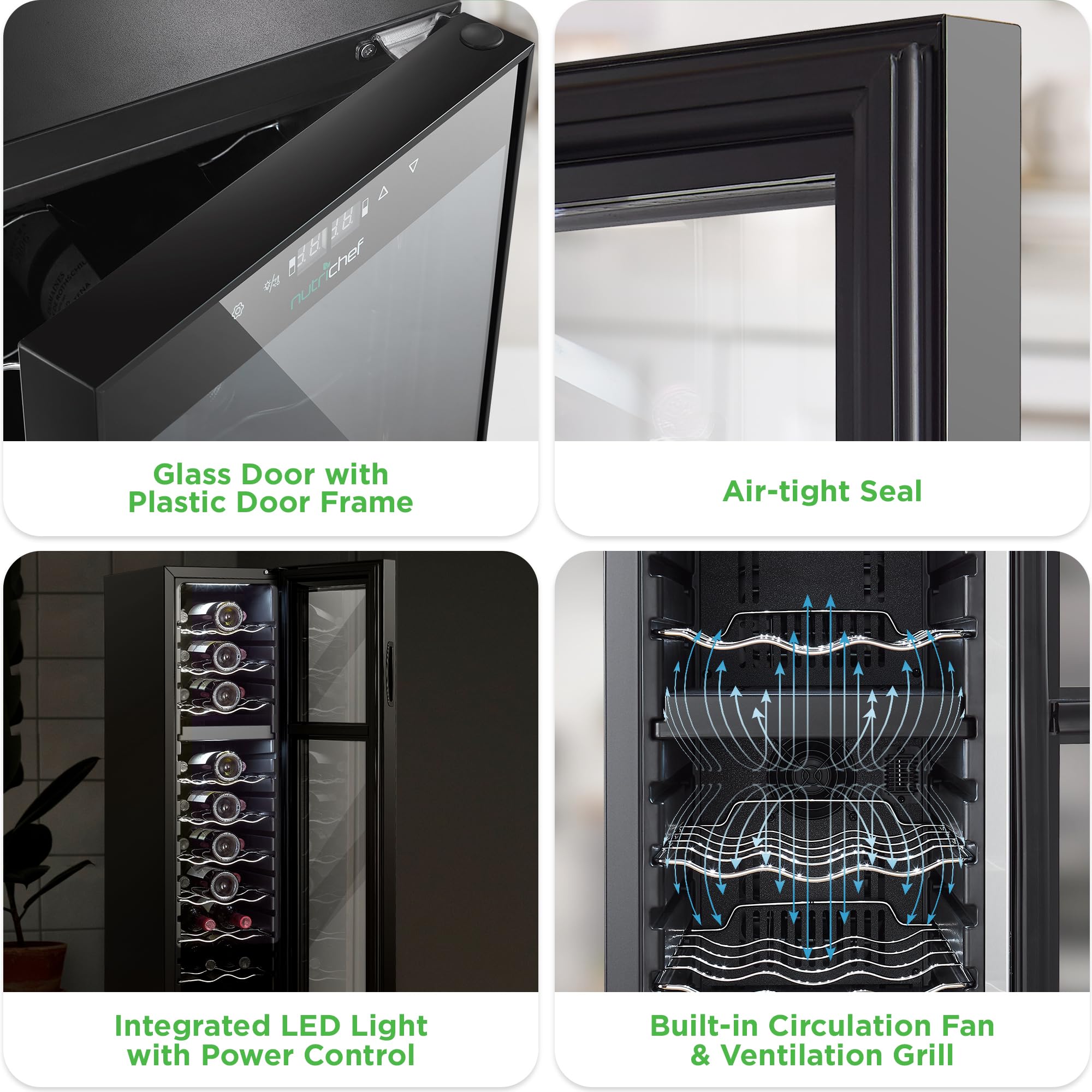 Nutrichef 12 Bottle Stainless Steel Slim Wine Fridge | Red & White Wine Chiller | Adjustable Temperature Control, Ultra Quiet Operation & Energy Efficient | Mini Wine Cooler Refrigerator | 31x10x17 IN