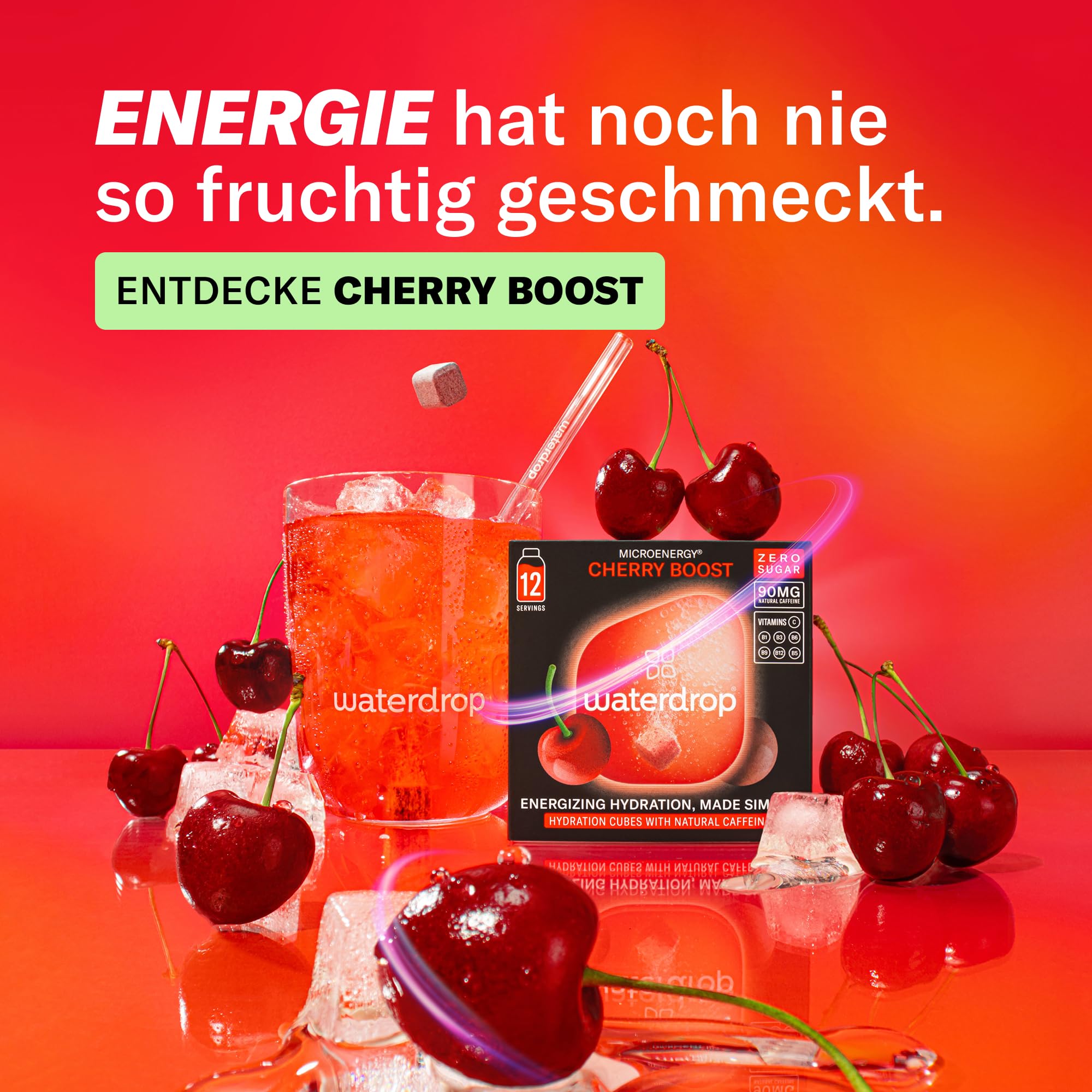 waterdrop® Microenergy Set, Energy Drink Pulver, 36 Würfel Getränkepulver, Mango, Kirsche & Brombeere Geschmack, Zuckerfrei & Kalorienarm, Mit 90 mg Natürlichem Koffein, Vitamin C & B – Flavour Drops