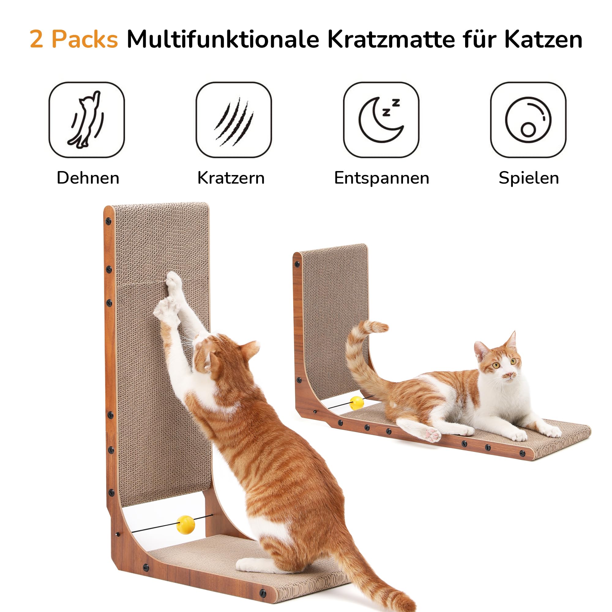 FUKUMARU Kratzbrett Katzen, 68 cm hohe L förmige Kratzpappe für Katzen, widerstandsfähig Katzenkratzbrett mit Ballspielzeug, Kratzmöbel aus hochwertiger Karton für Wand und Ecke, Groß