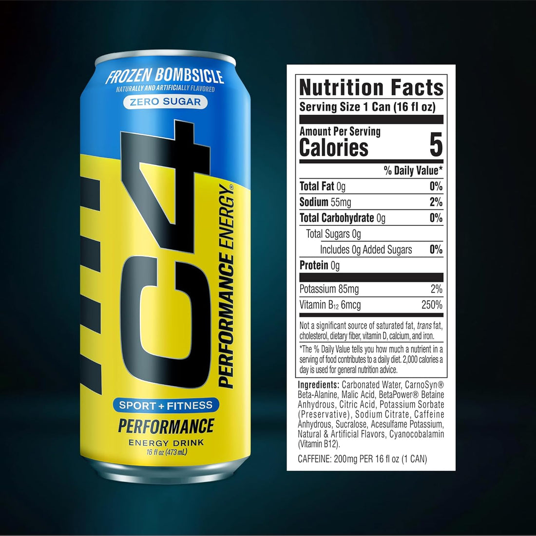 C4 Energy Carbonated Zero Sugar Energy Drink, Sparkling Frozen Bombsicle, 16 Fl Oz (Pack of 12)